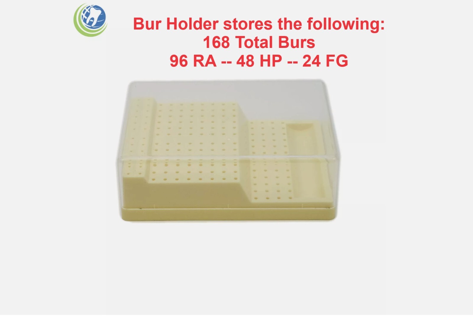 Dental Bur Block Holder Station with Lid Holds 168 Burs – 48 HP 96 RA 24 FG