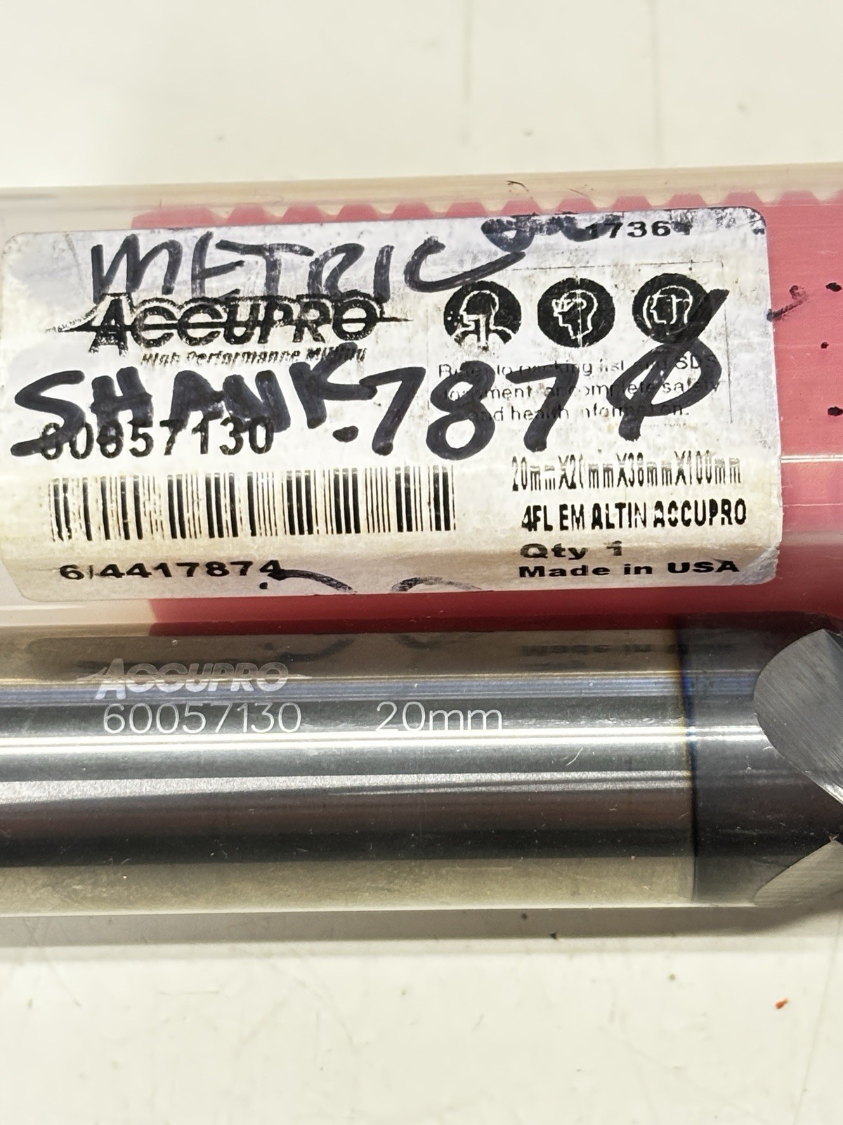 Accupro 20mm, 38mm LOC, 20mm Shank, 100mm OAL, 4 Flute, Solid Carbide