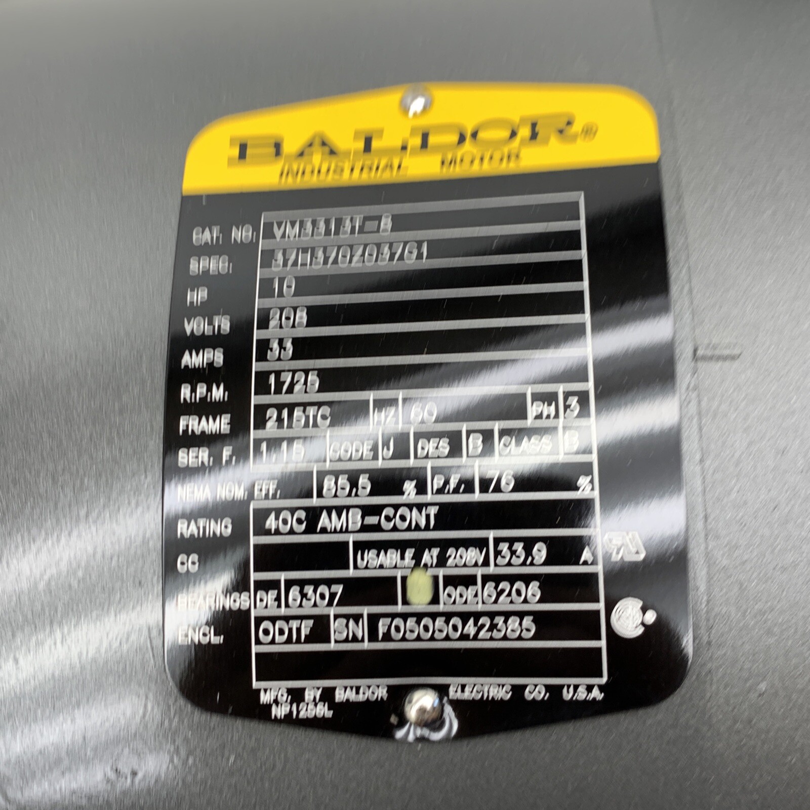 Baldor VM3313T-8 General Purpose Footless Motor 10HP 1725RPM 215TC, 208V ONLY