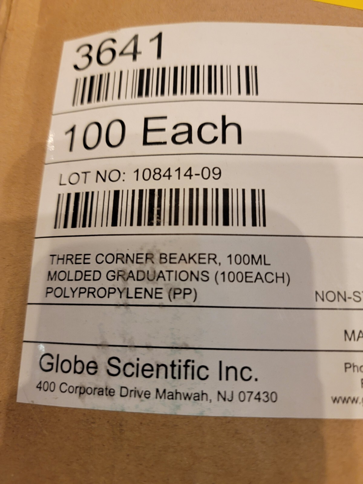 Globe Scientific 3641 Beaker,Polypropylene,100Ml,Pk100
