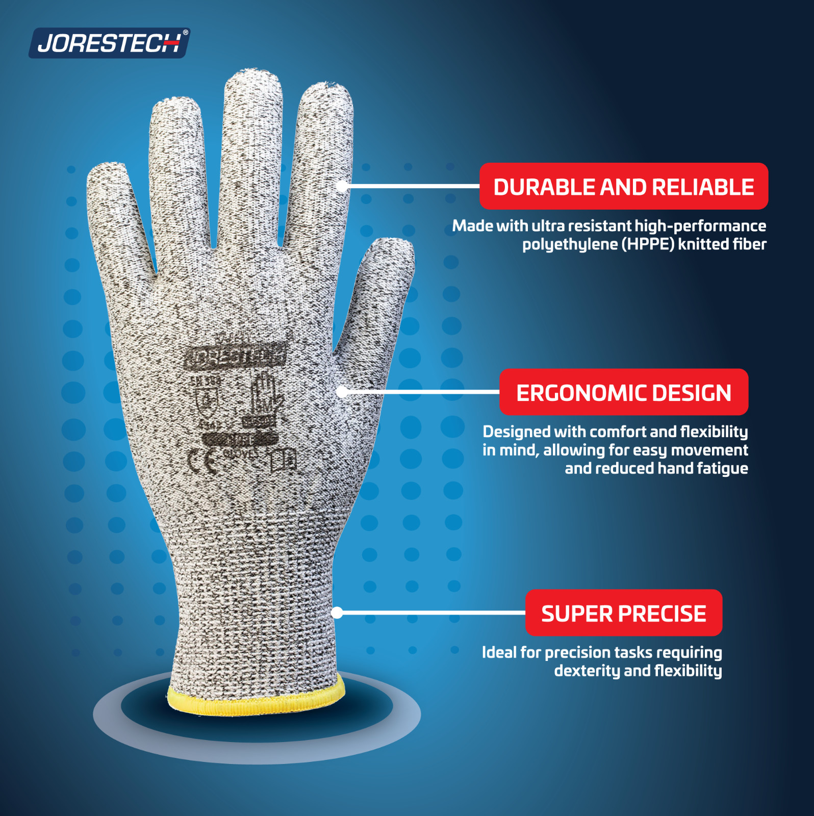 12 Pairs JORESTECH Cut Resistant Level 3 Work Gloves