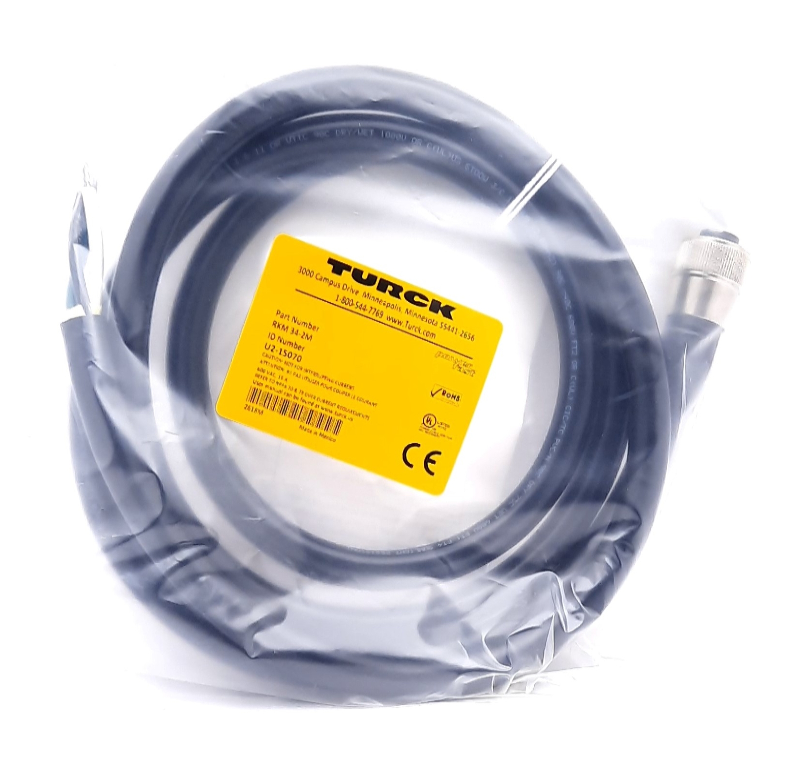 Turck RKM 34-2M Cordset, A, Straight Female 3 Pin 600V, 15A, 14AWG, 7/8-16