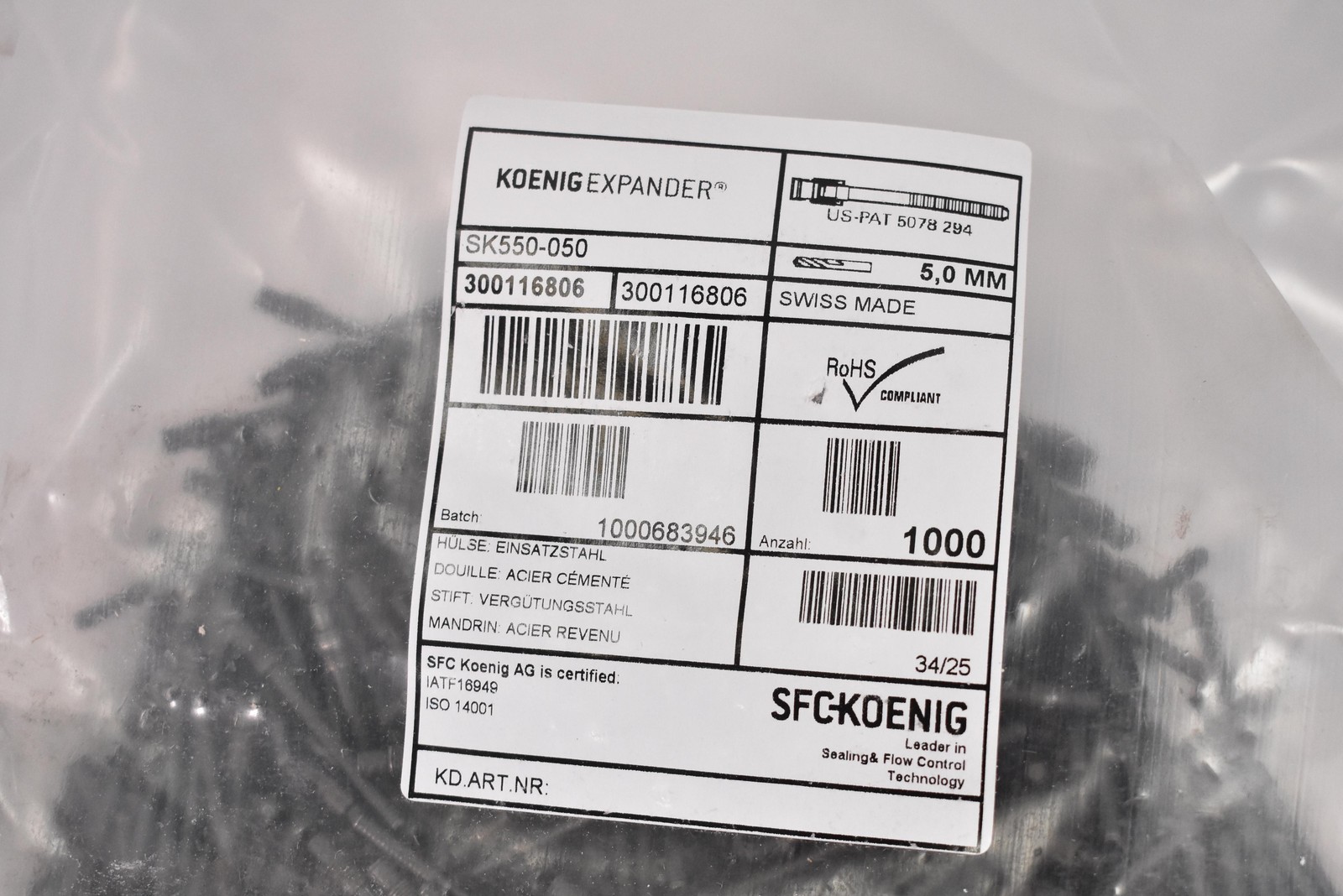 SFC Koenig Expander SK550-050 5.0mm Sealing Plugs Swiss Made Bulk Qty 1000
