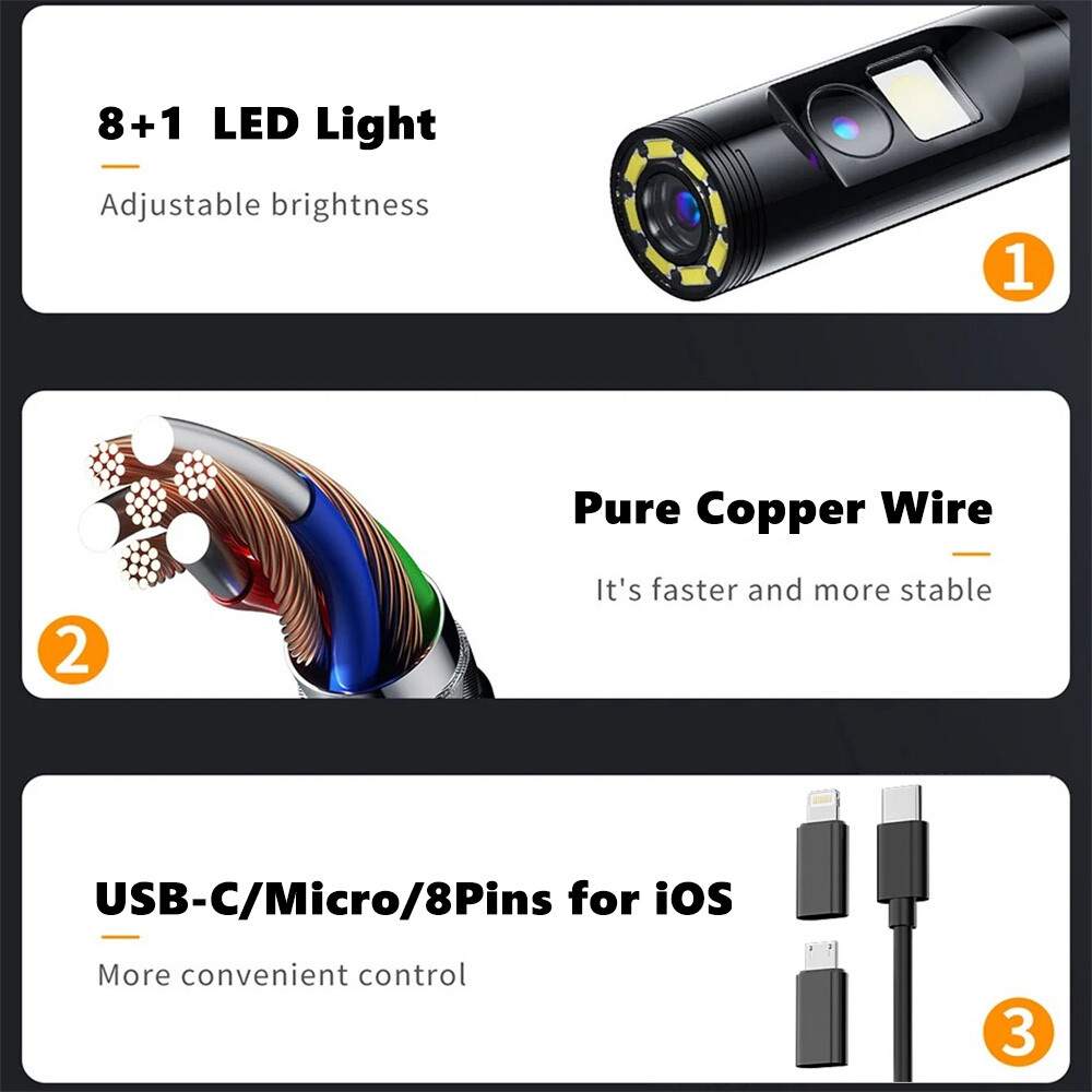 Dual Lens Camera Endoscope Inspection Cam Waterproof 8LED iPhone iPad Android US
