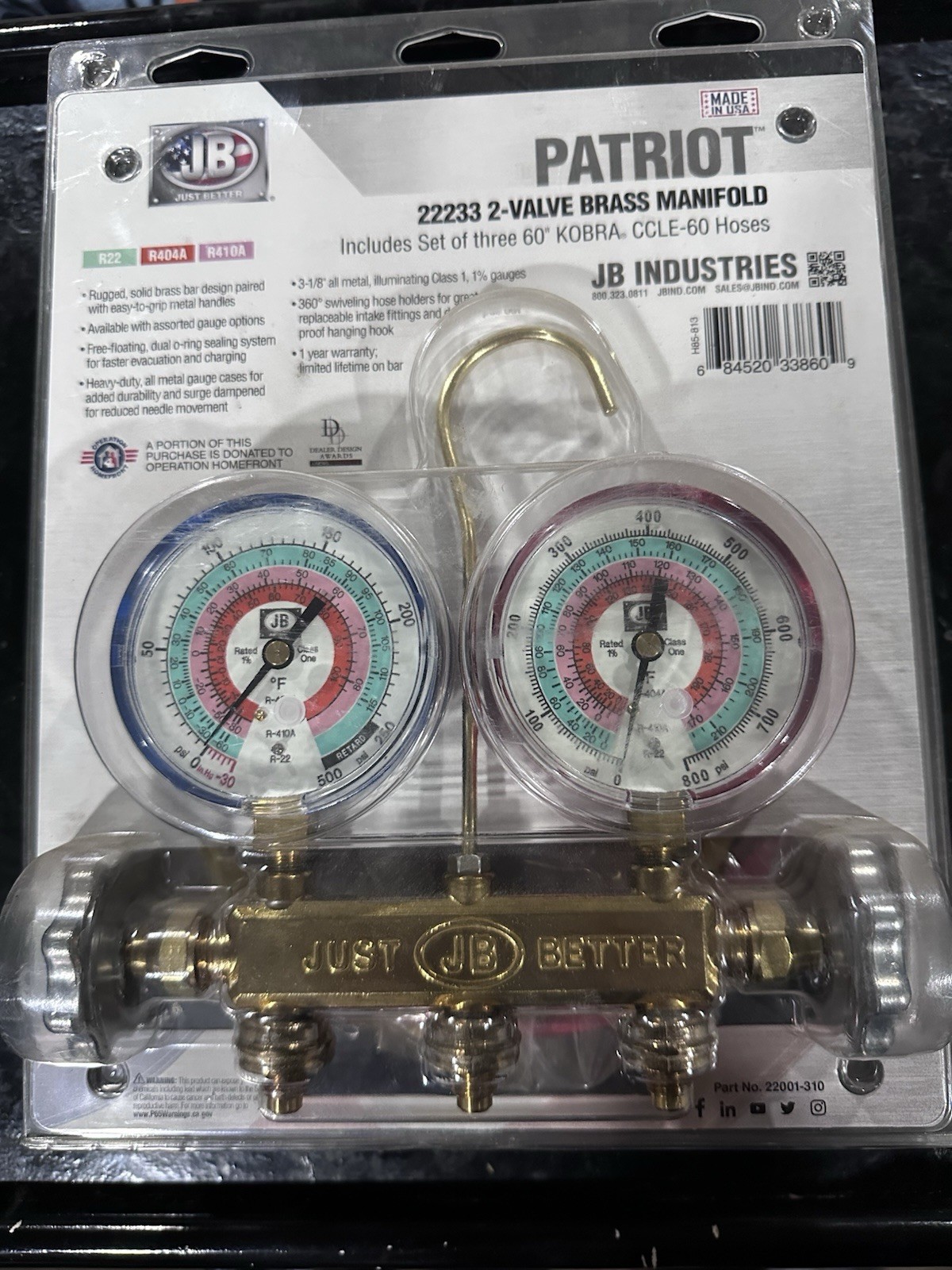 JB Industries Patriot 22233 2-Valve Brass Manifold Gauge Set 60in Hoses