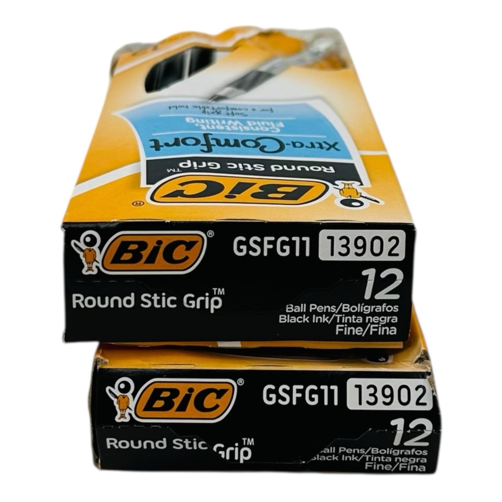 24 Pens BIC Round Stic Grip Xtra-Comfort Black Ink Ballpoint Pen Fine Point