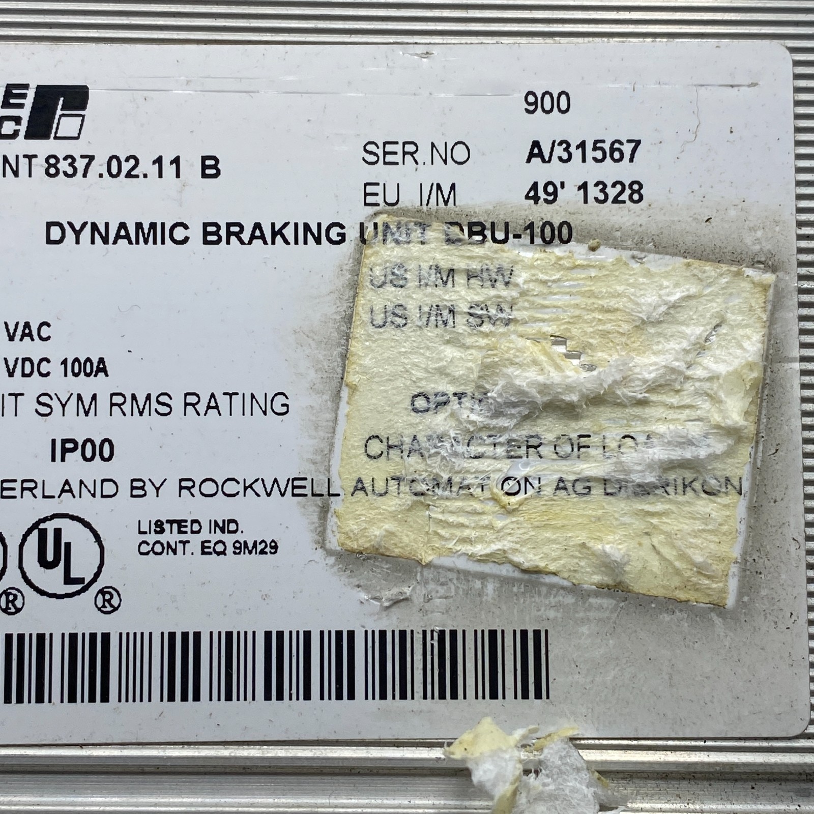 RELIANCE ELECTRIC 837.02.11 B DYNAMIC BRAKING UNIT DBU-100 8370211 DBU IP00
