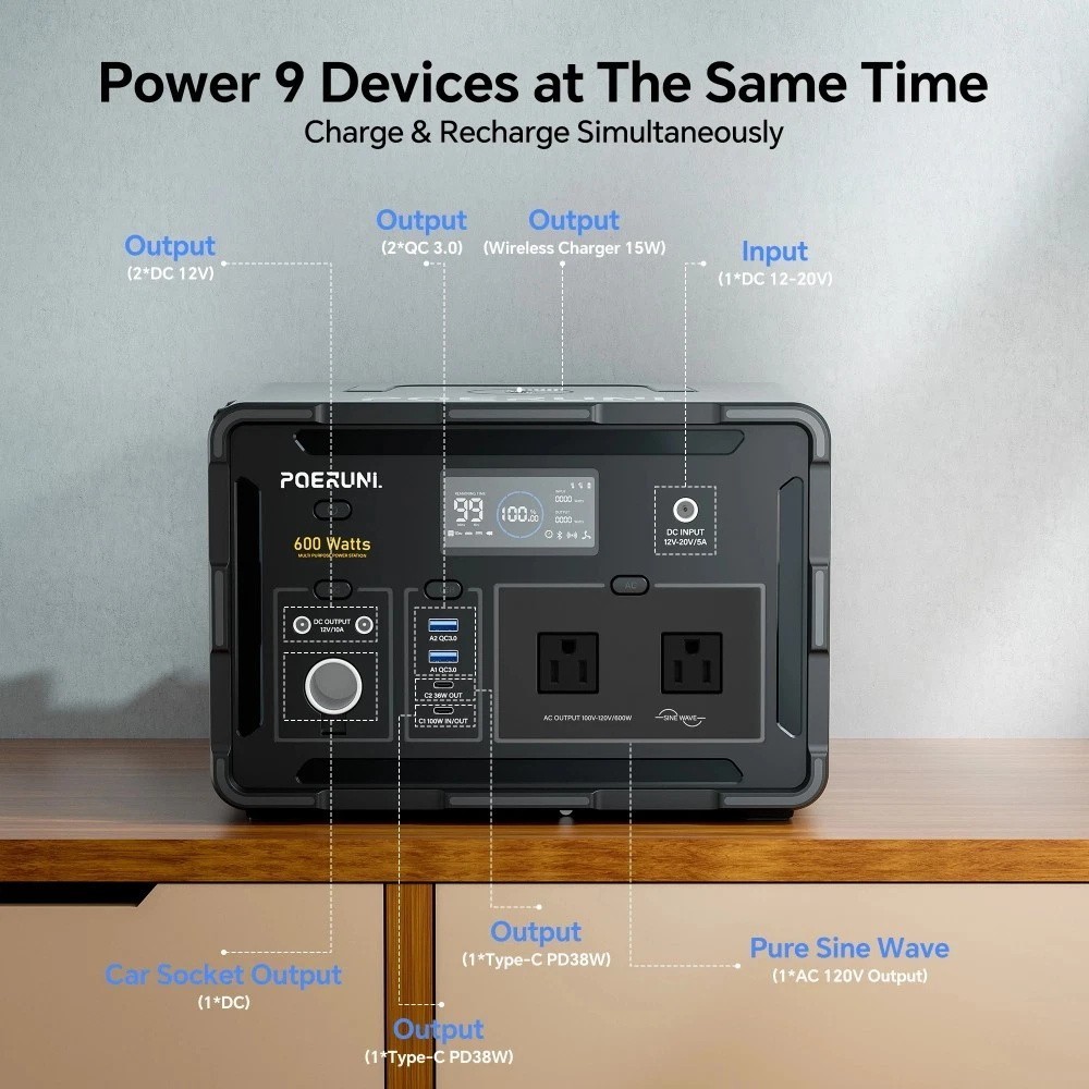 POERUNI 600W 519Wh Portable Power Station Solar Charger Generator for Back Up