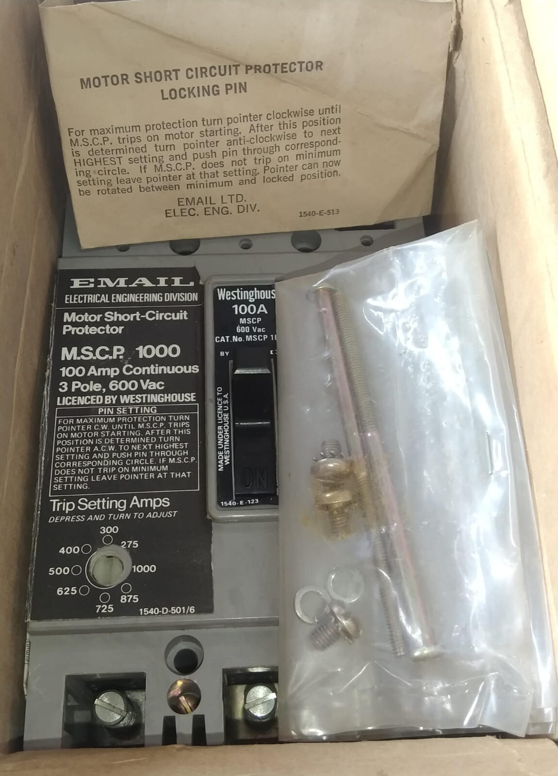 WESTINGHOUSE MSCP1000 Motor Short Circuit Protector 100A 600V 3P