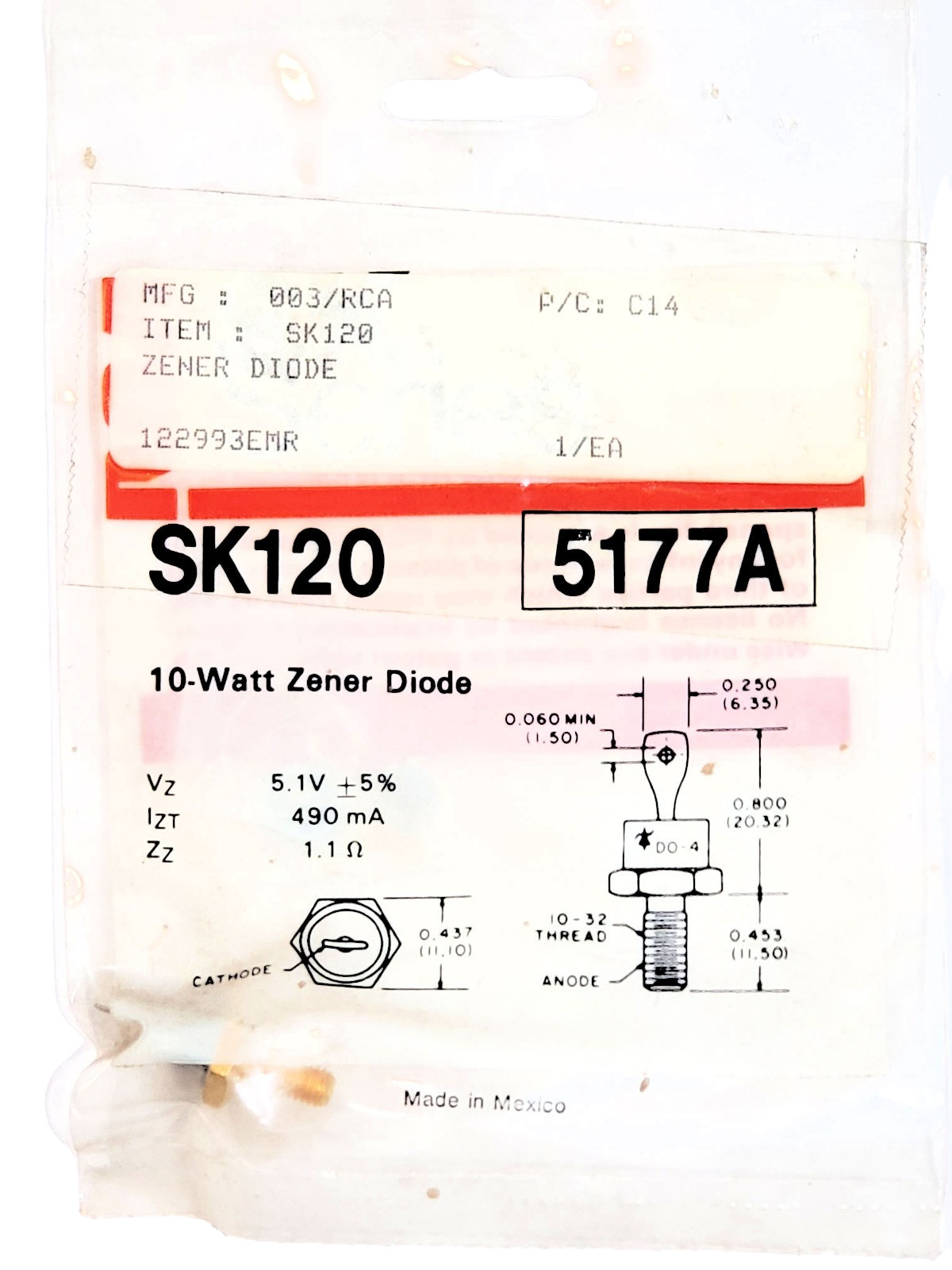 NTE5177A “Original” NTE 5.1V 10W Zener Diode Stud 1 pc