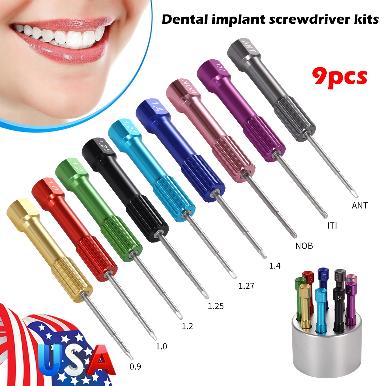 Dental Lab Stainless Steel Implant Screw Driver 9pc/set Dentistry Tool Kit