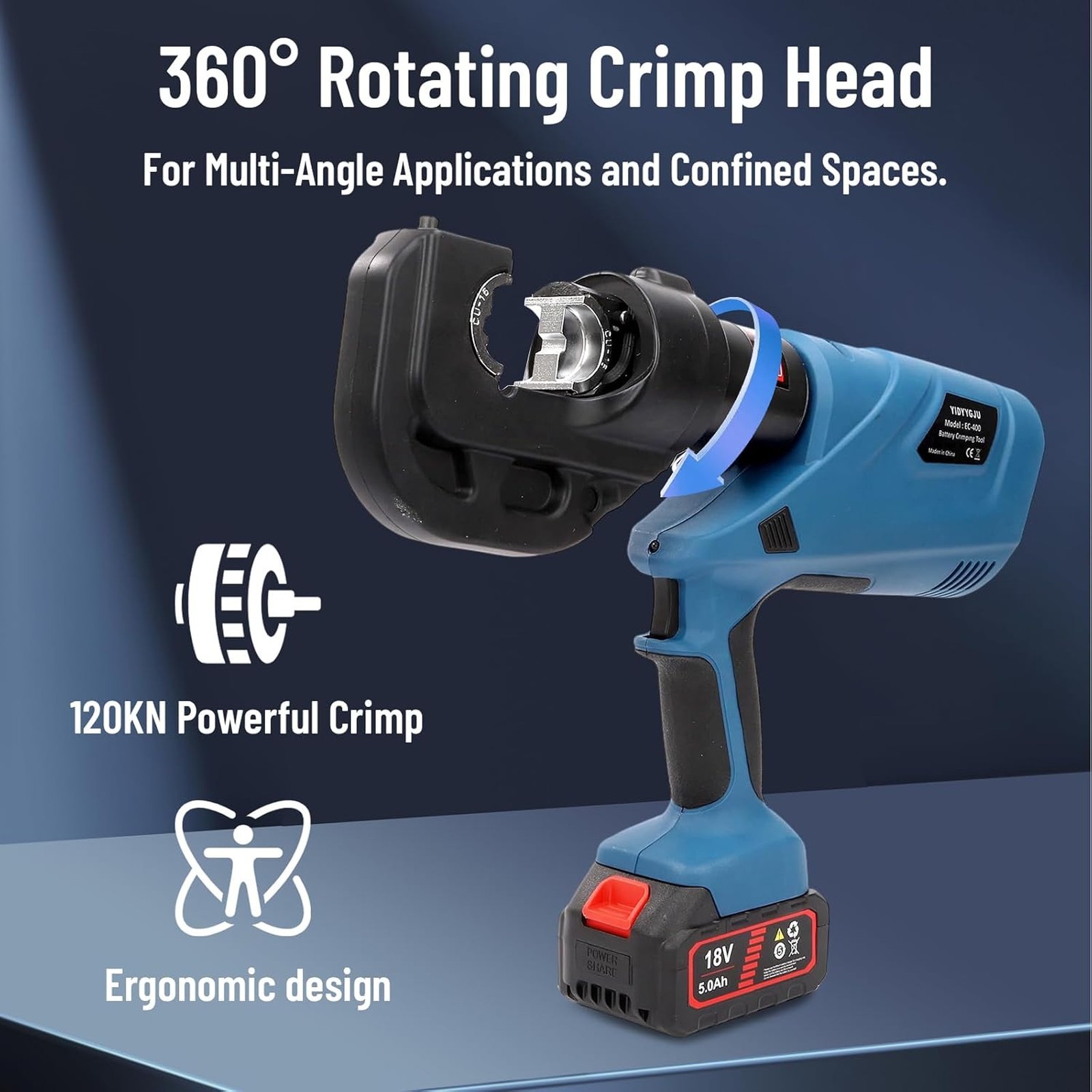 Hydraulic Crimping Tool 12Ton Battery Powered 120KN 21V Lithium-Ion 360°