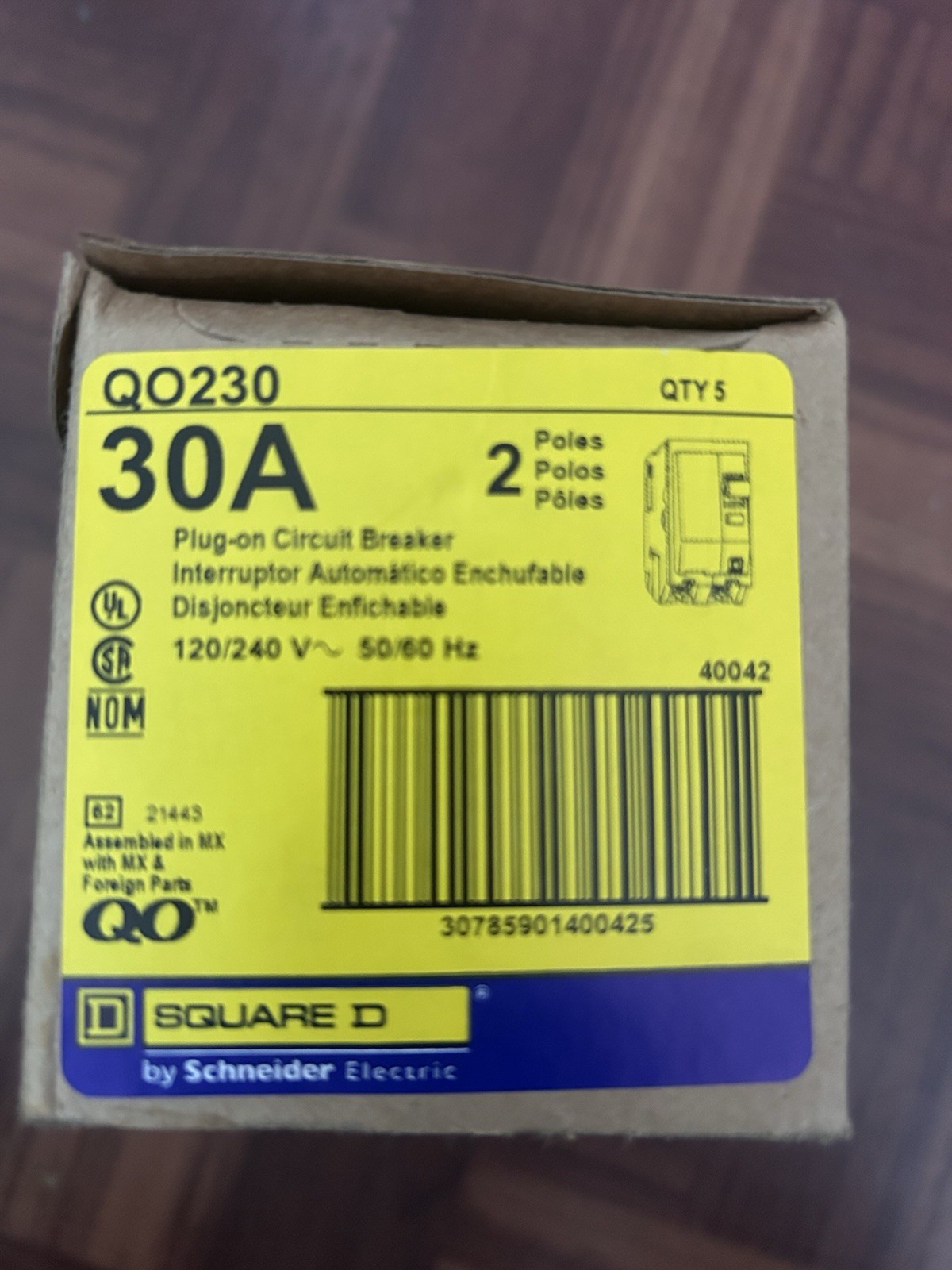 Square D QO230 30A 2-Pole 120/240V Plug-On Circuit Breaker Trip Ind, 5Pk
