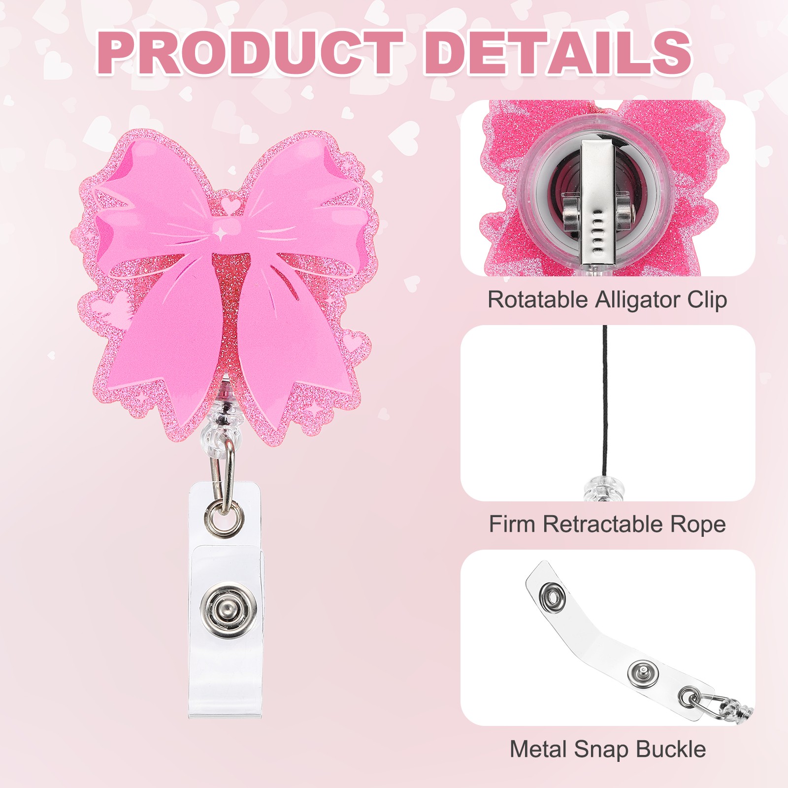 2pcs Acrylic Bow Badge Holder 2.05″x1.97″ with Retractable Cord, Pink