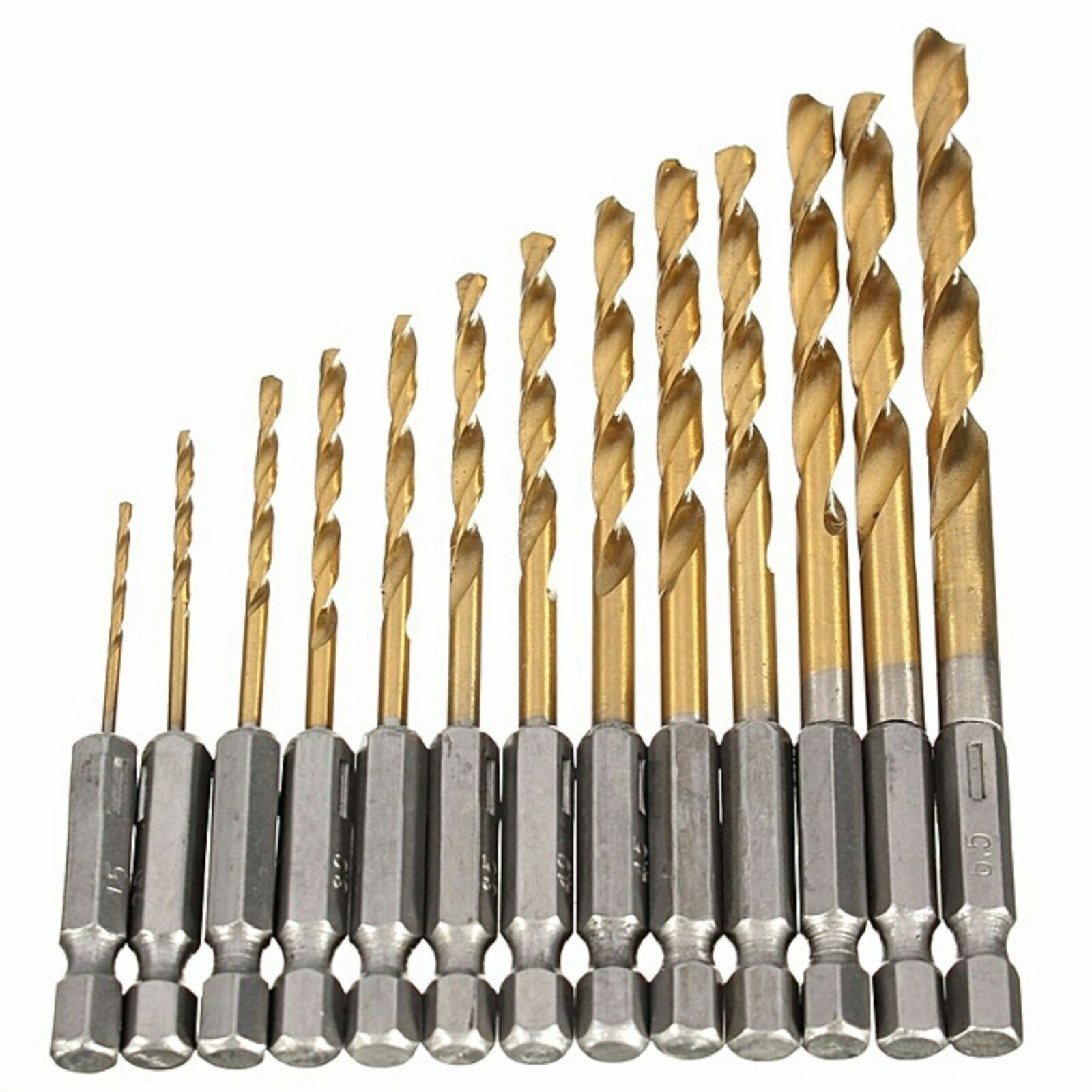 13pcs 1/4» Hex Shank Titanium Coated HSS Steel DRILL BIT Set Metal Wood Plastic