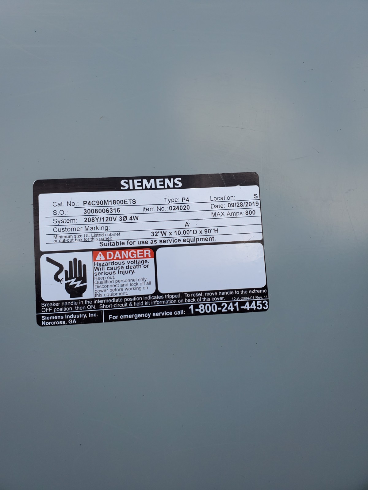 800A 208Y/120V, 3PH Siemens Panelboard, Cat No. P4C90M1800ETS,