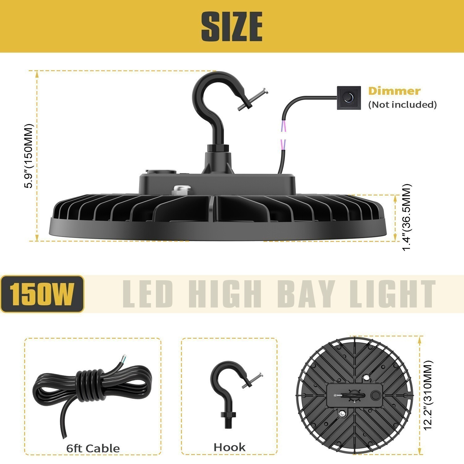 LED High Bay Warehouse Light 150W 120V Dimmable 22500LM Equivalent 600W MH/HPS