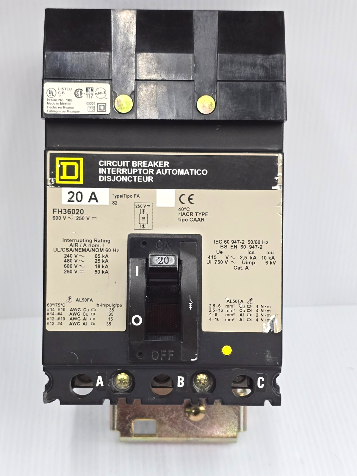 Square D 20 Amp I-Line Circuit Breaker 600 VAC 3 Pole 65 kA FH36020