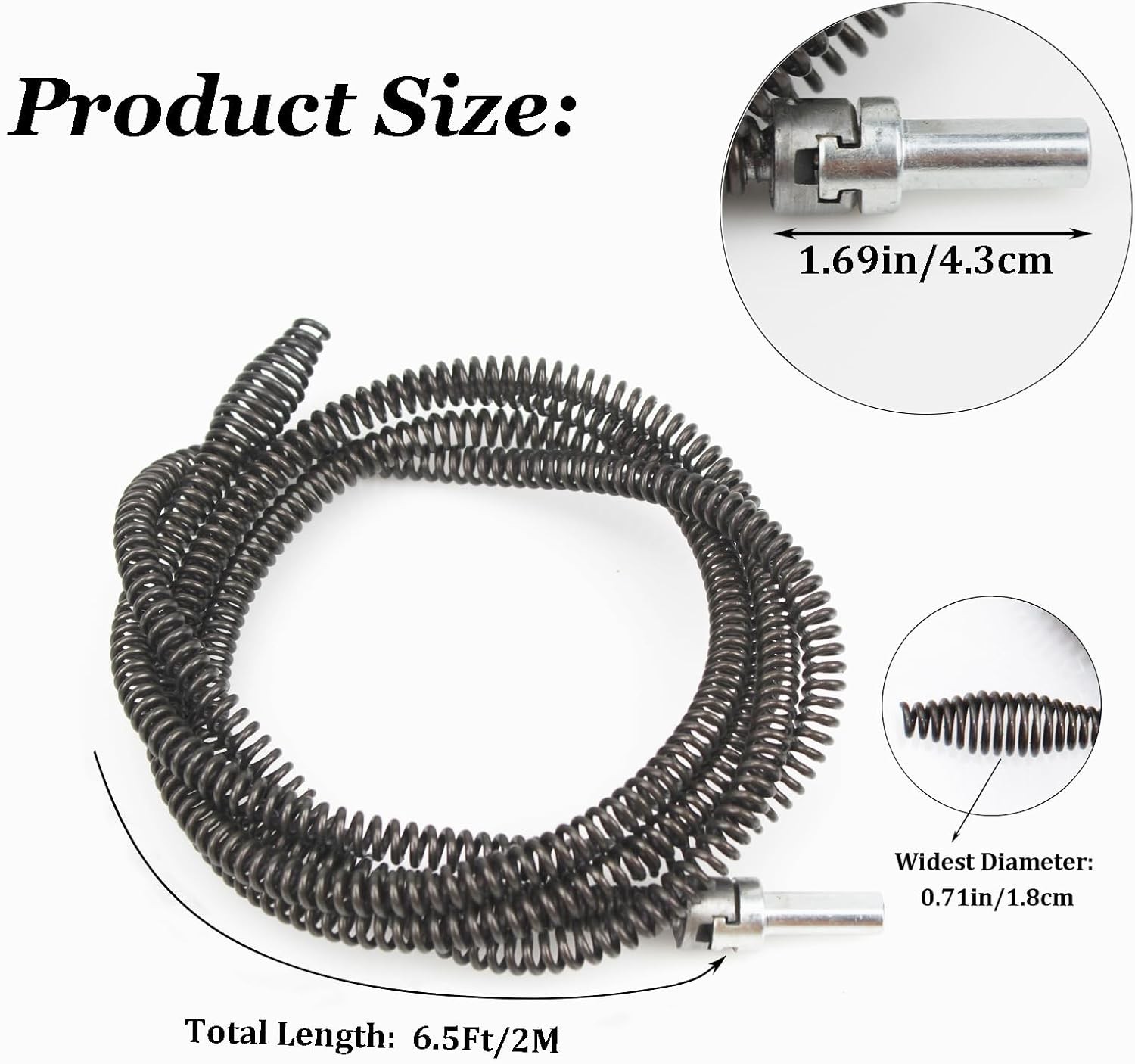 10mm Heavy-Duty Drain Auger Snake Cable with Drill Adapter – 6.5Ft/2M Flexible P
