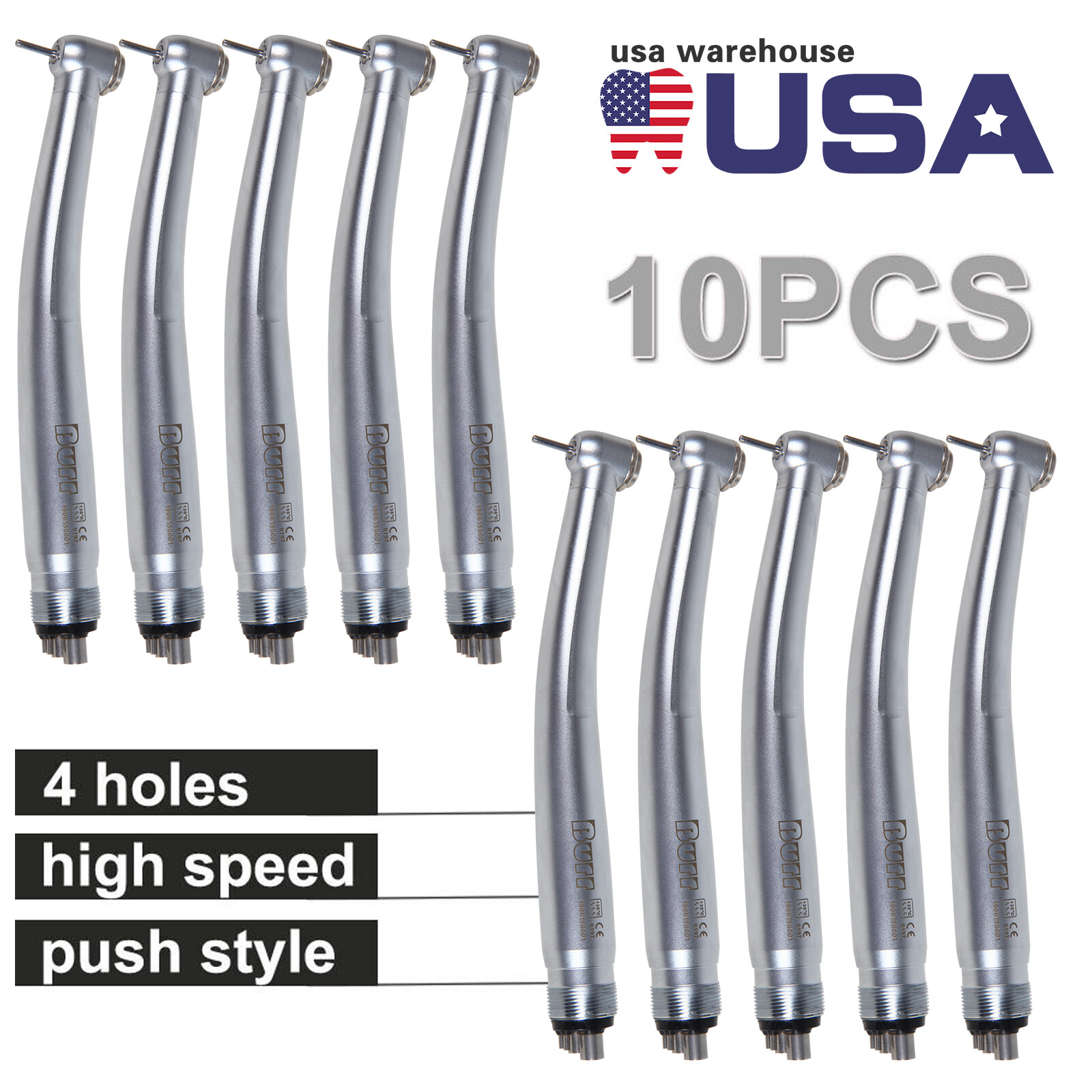 10 Pcs BURR NSK PANA MAX Style Dental High Speed Turbine Handpiece 4Hole U3BM