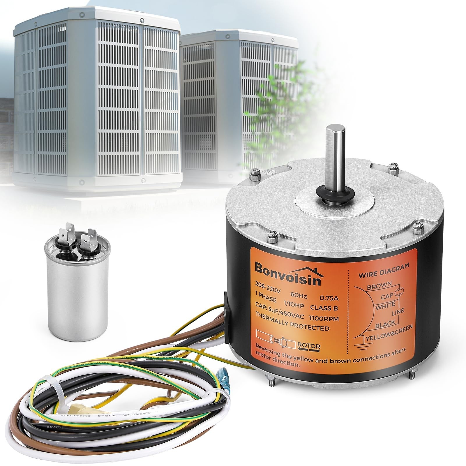 Bonvoisin Condenser Fan Motor 1/10 HP, 1100 RPM, AC Replacement Condenser Fan…