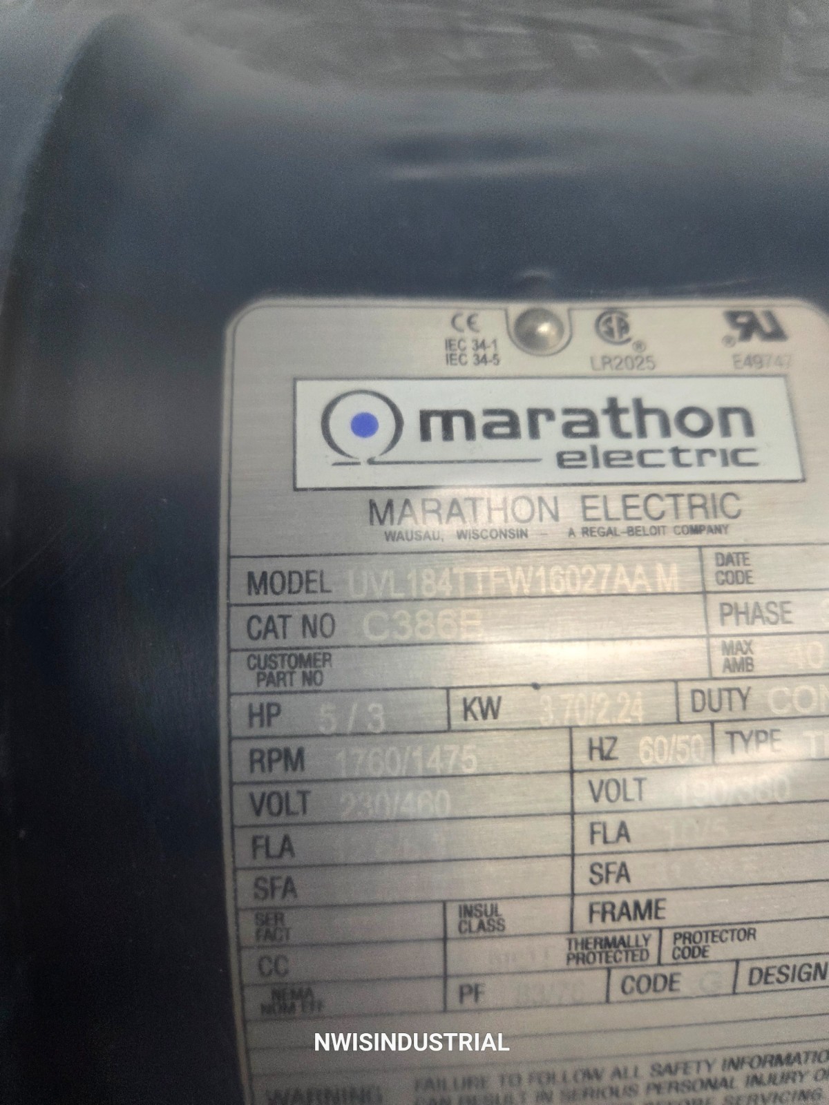 MARATHON ELECTRIC MOTOR C368B, UVL184TTFW16027AAM, 5HP, 1760 RPM, 230/460V 184TC