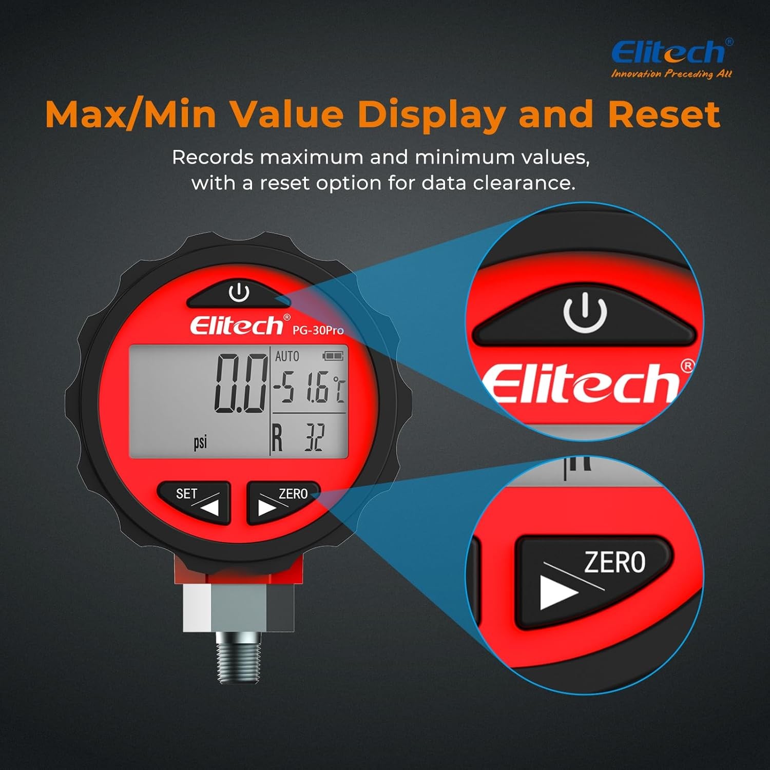 Elitech PG-30Pro Red Refrigeration HVAC Digital Pressure Gauge 87+ Refrigerants