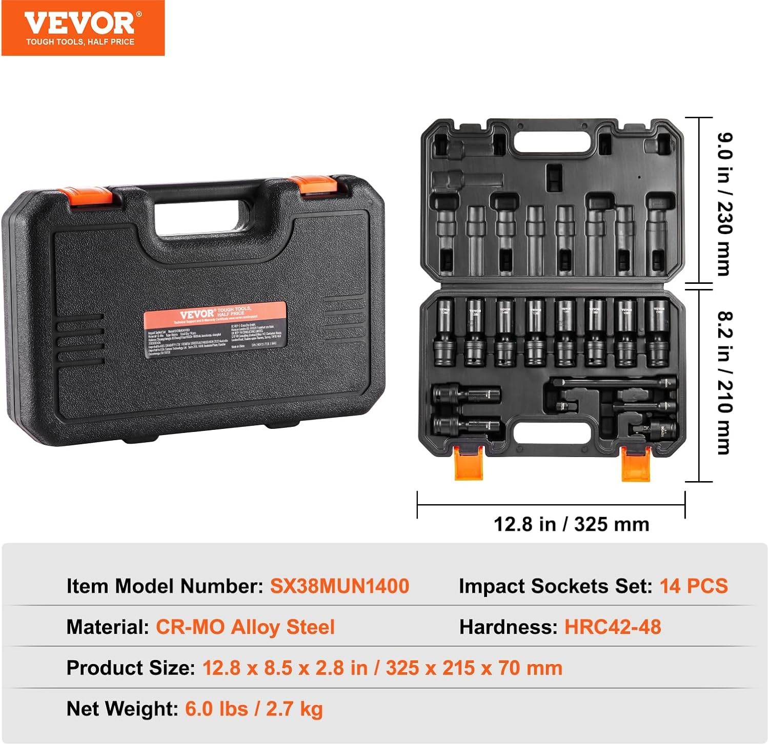 VEVOR 14PCS Universal Impact Socket Set – 3/8″ Drive Deep One Size, Black