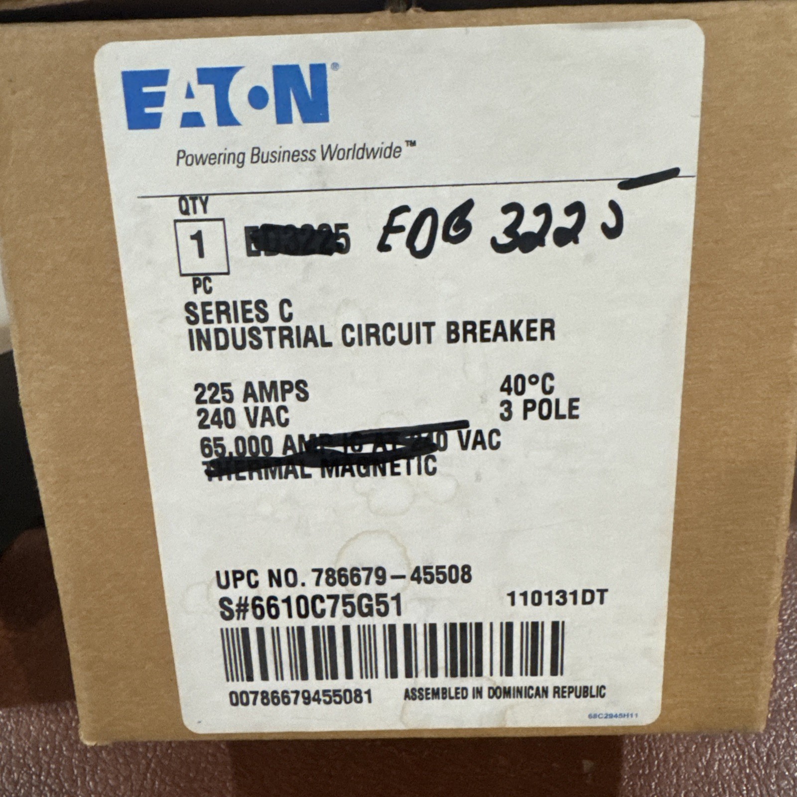 Eaton Cutler Hammer 3P 225A Circuit Breaker EDB3225 EDB 22k 3 Pole 225 Amp