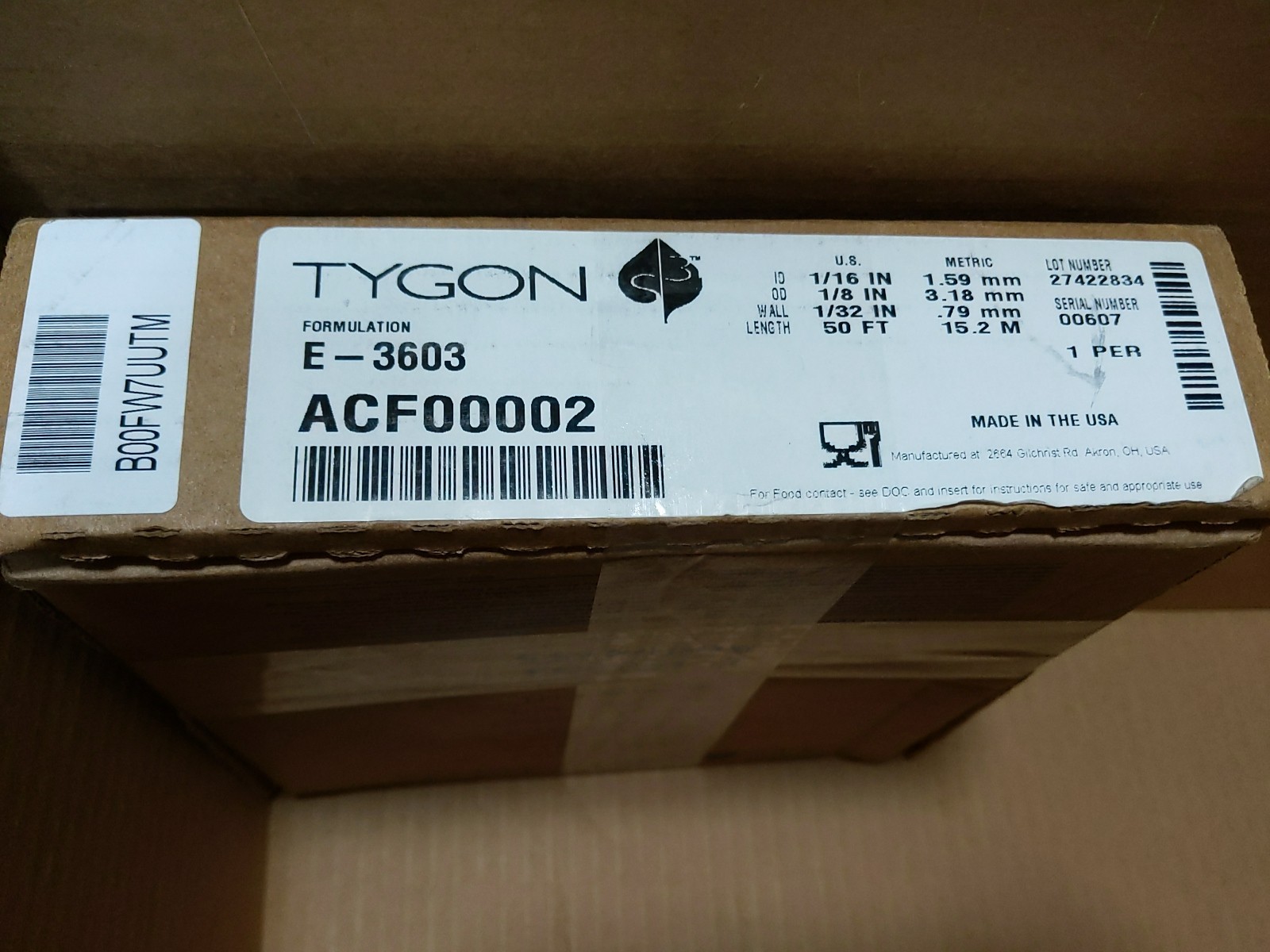 Tygon S3 E-3603 Tubing ACF00002 1/8″ OD x 1/16″ ID x 1/32″ Wall x 50 Feet #J9