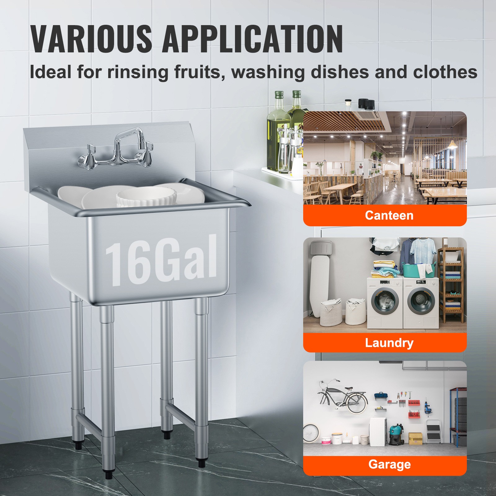 VEVOR 18″ x 18″ Commercial Utility Sink 1 Compartment Stainless Steel w/ Faucet
