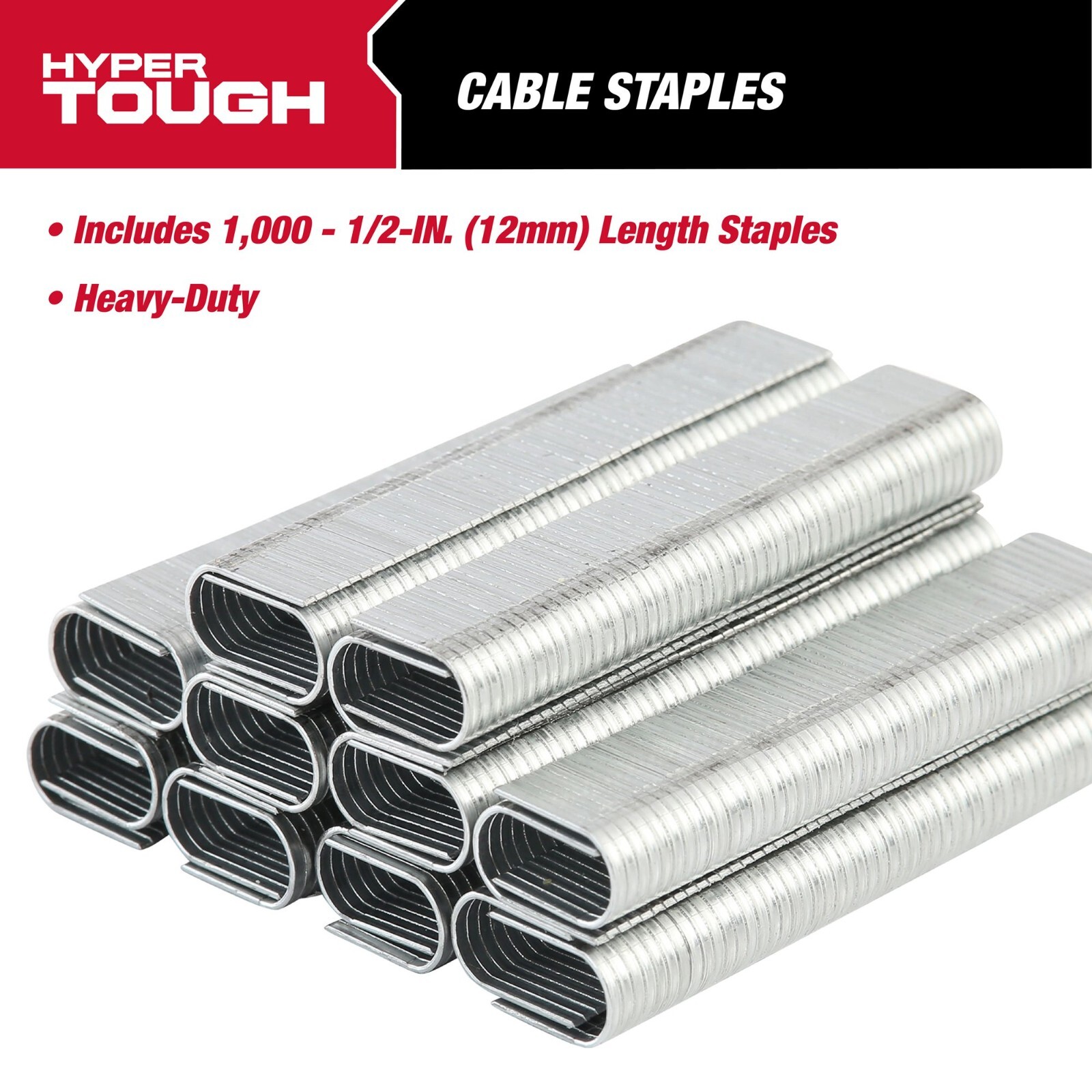 Cable Staples 1/2-Inch-Deep Round Crown Heavy-Duty 1000-Piece by Hyper Tough