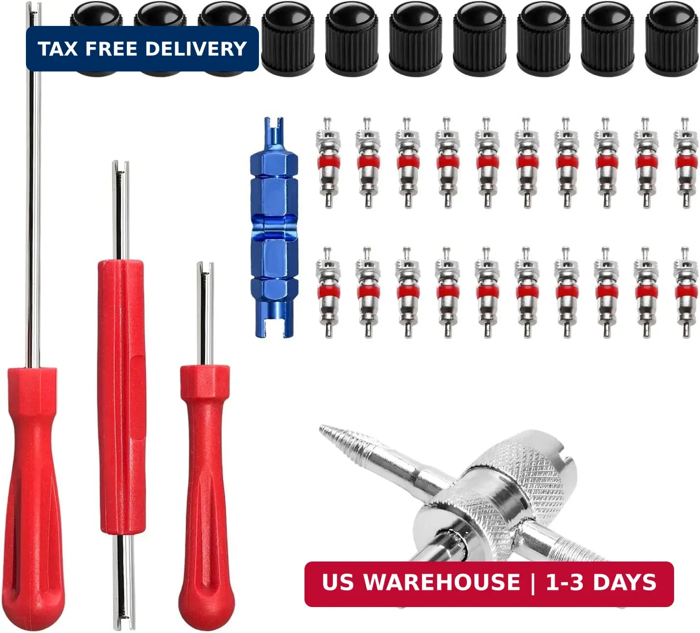 35PCS Valve Stem Puller Installer Tool Kit, Valve Cores & Caps with 4-Way Tool S