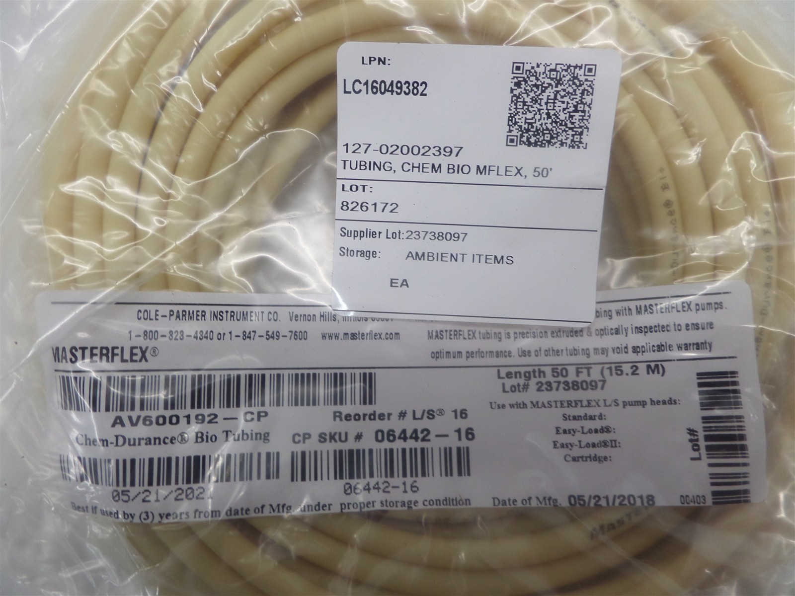 Cole-Parmer MasterFlex AV600192-CP 50Ft. 15.2m Chem-Durance Bio Tubing 06442-16