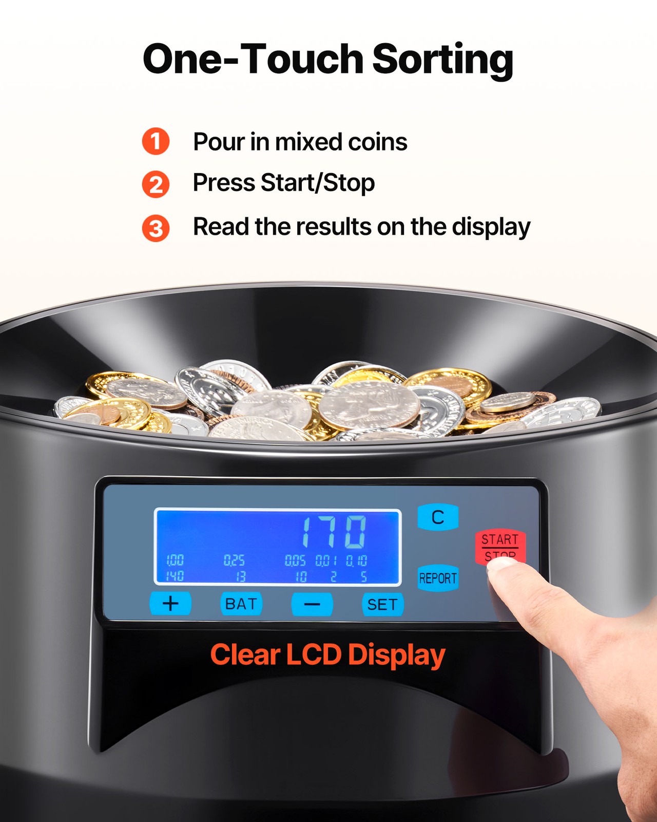 VEVOR USD Coin Sorter Coin Counter Wrapper and Roller 300 Coins/min LCD Display