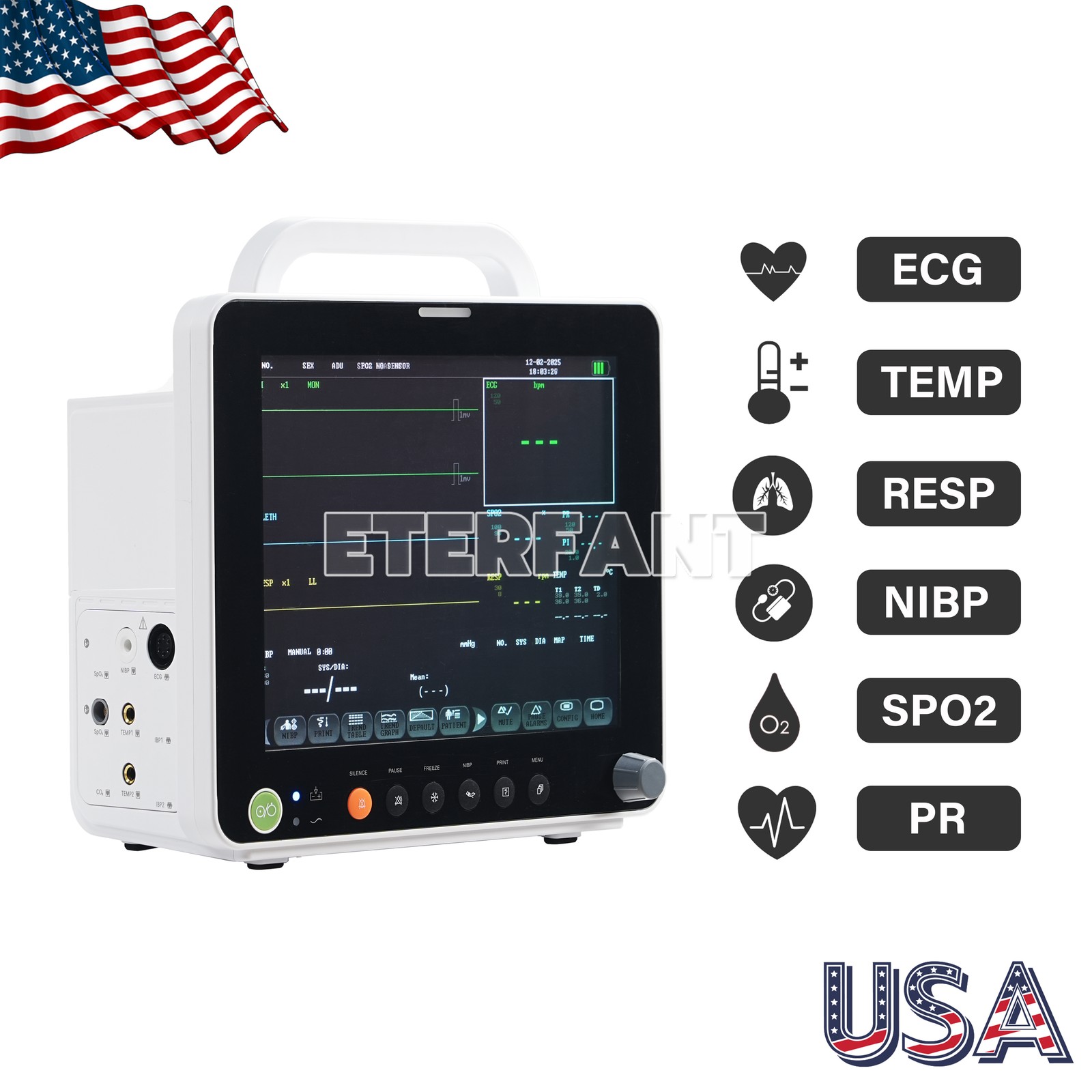 12″ Patient Monitor ICU CCU Vital Signs Monitor ECG/NIBP/TEMP/RESP/SPO2/PR/ETCO2