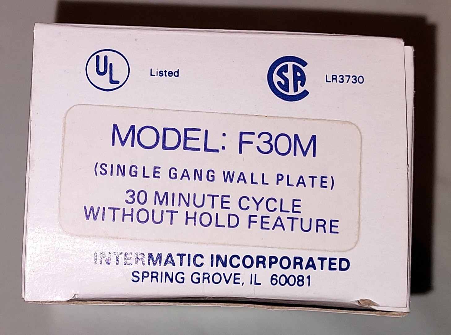 F30M INTERMATIC TIME SWITCH 0-30 MIN 1 GANG 5 AMP 125 VAC 1 HP NEW SPRING WOUND