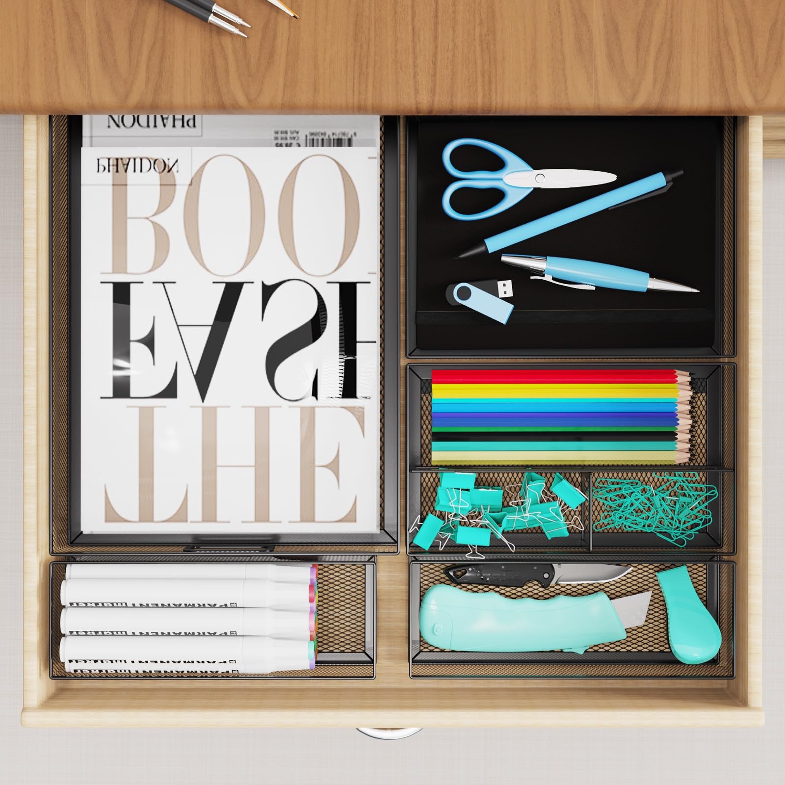 5 Pack Desk Drawer Organizers, Metal Mesh Office Organizer Tray, Paper Letter