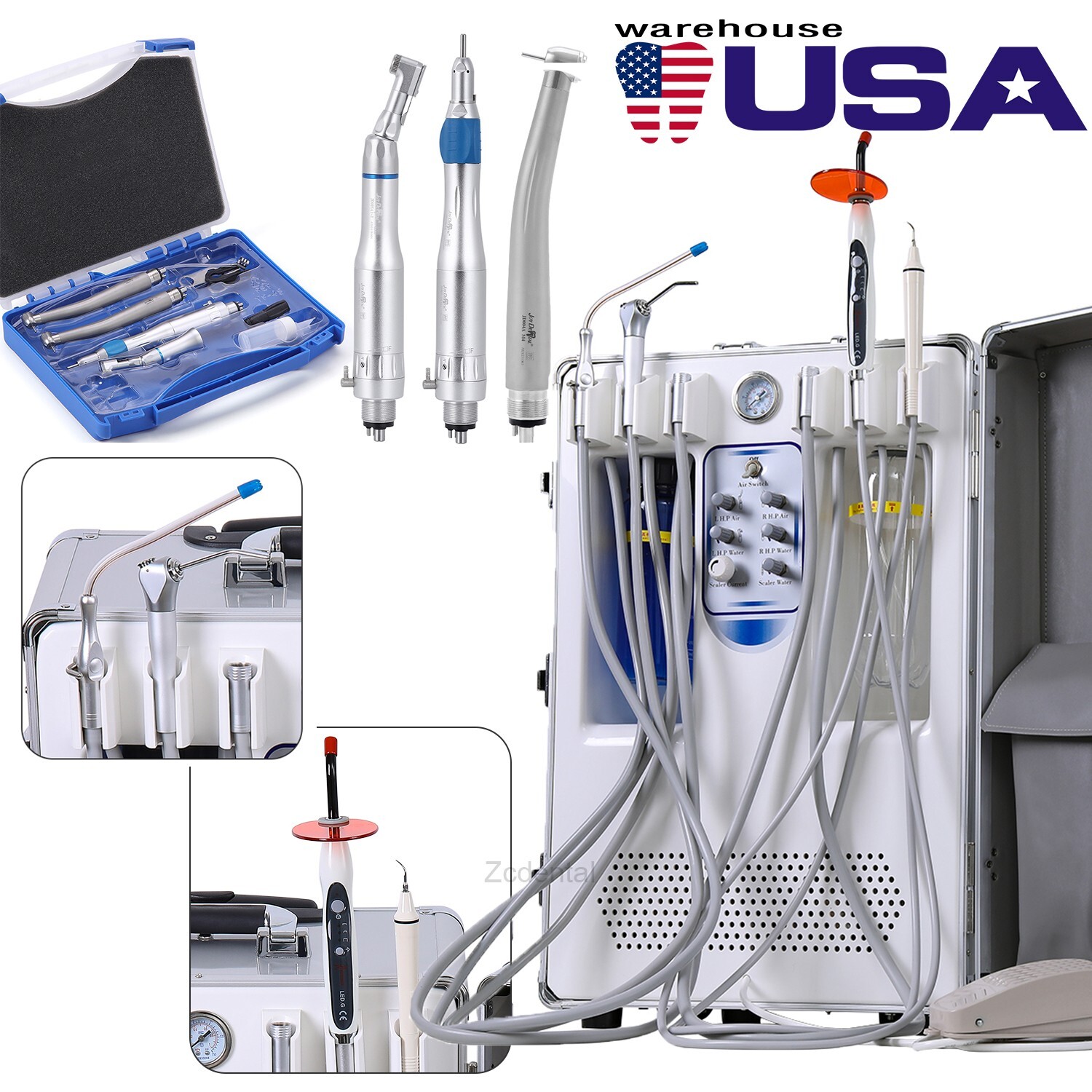 Mobile Dental Delivery Unit +Curing Light +Ultrasonic Scaler +Handpiece Kit 4h