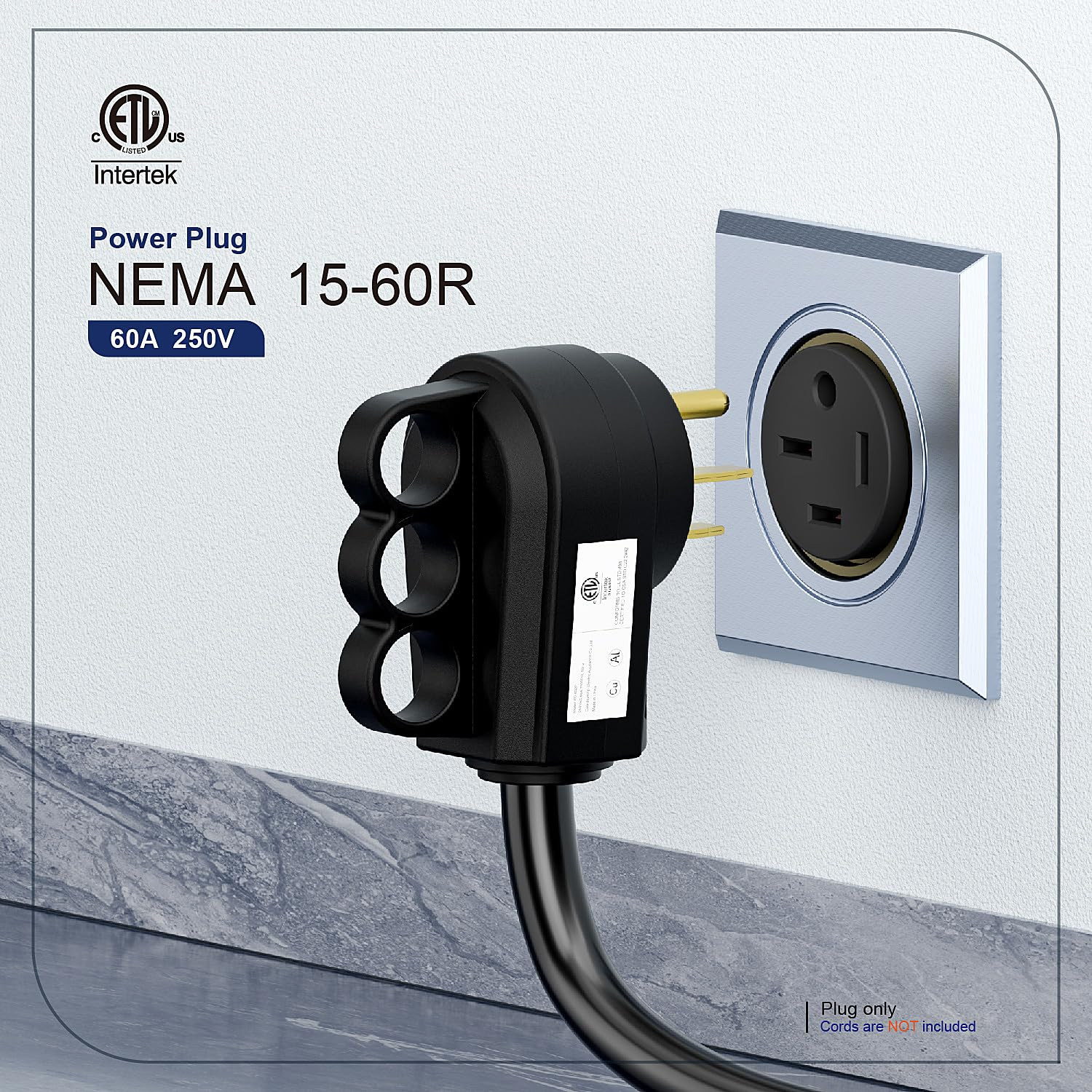 NEMA 15-60P Rewirable Plug, 60 Amp 250V 3-Prong Heavy-Duty Male Plug, ETL Listed