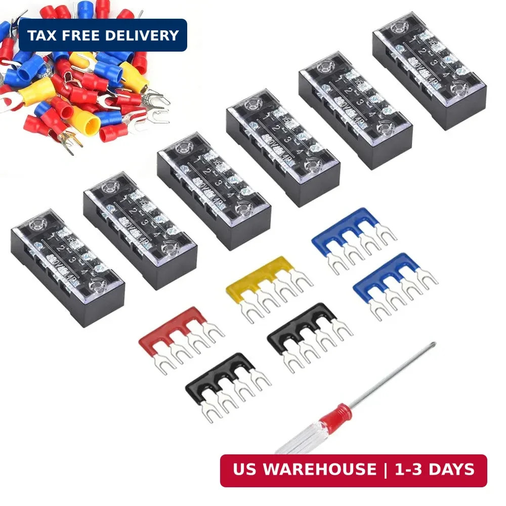 73Pcs(6Sets) Terminal Block Set, 6Pcs 4 Positions 600V 15A Dual Row Screw Termin