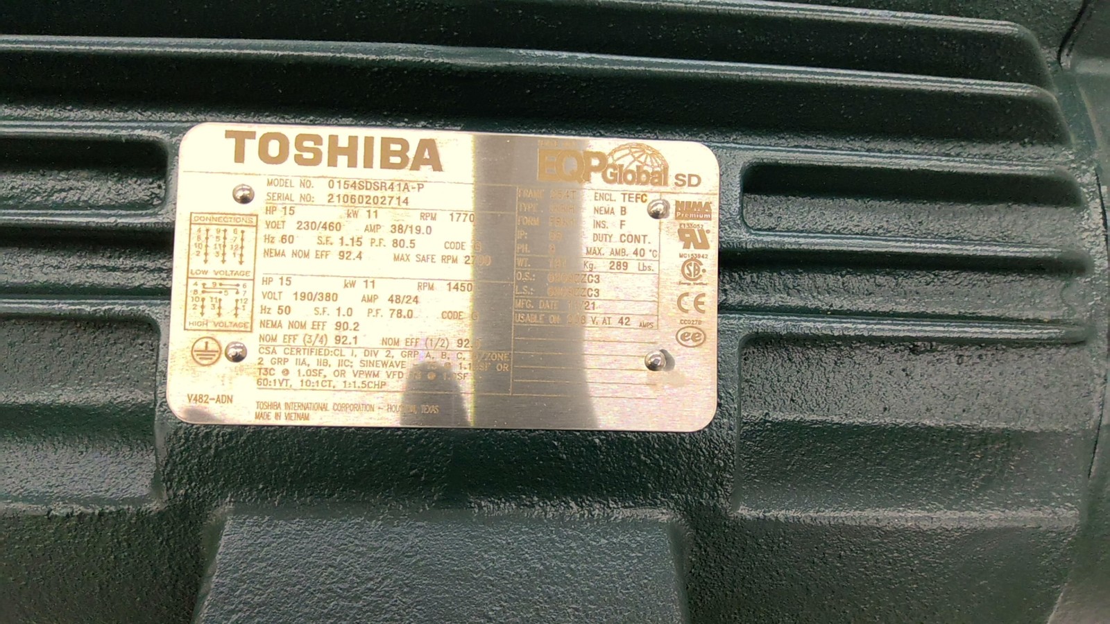 Toshiba 0154SDSR41A-P 15Hp Ac Motor 1800Rpm 4P 3Ph 254T 230/460V Tefc 60Hz
