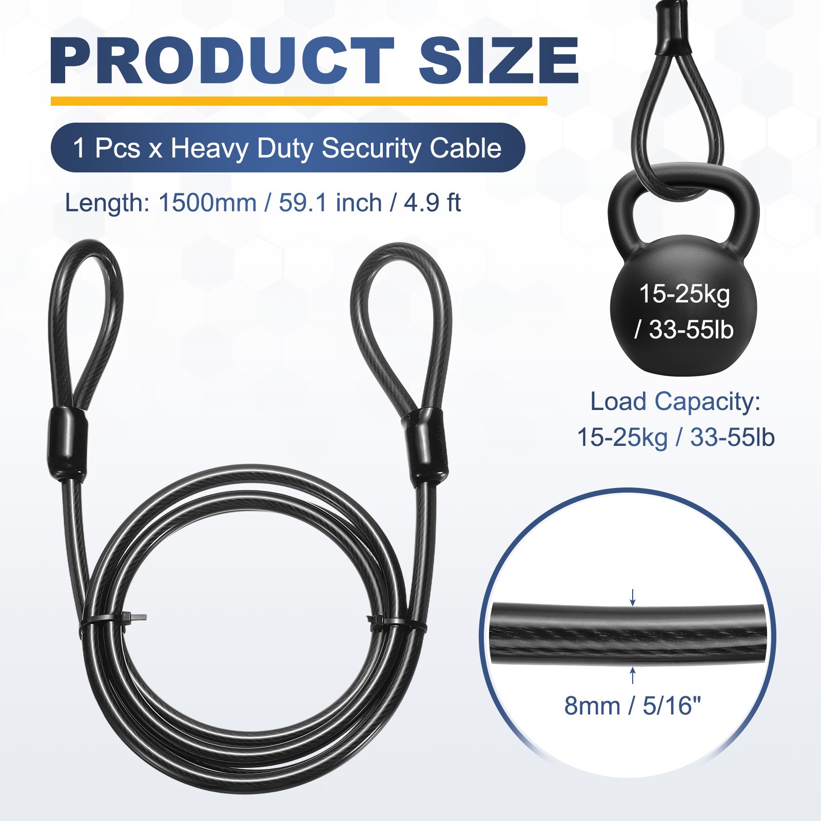 5/16″ Dia 4.9ft Security Steel Cable with Loops Vinyl Coat Bike Lock Cable