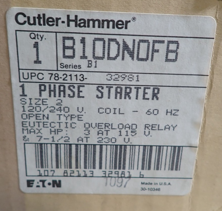 New Cutler Hammer B10DN0FB Ser B1 Single Phase Size 2 Starter 120/240 Volt Coil