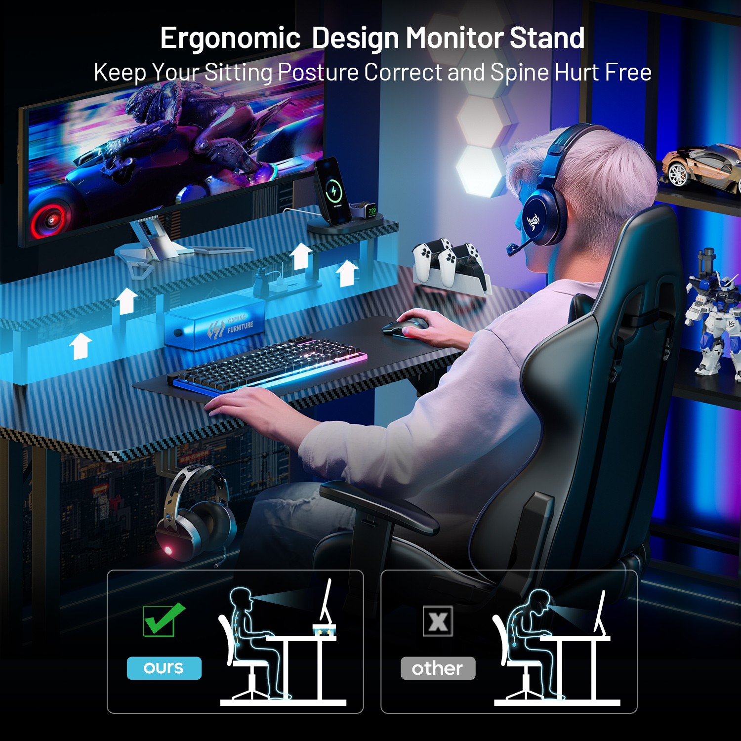 47» Gaming Desk with LED Light & Power Outlets, Gamer Table with Monitor Stand