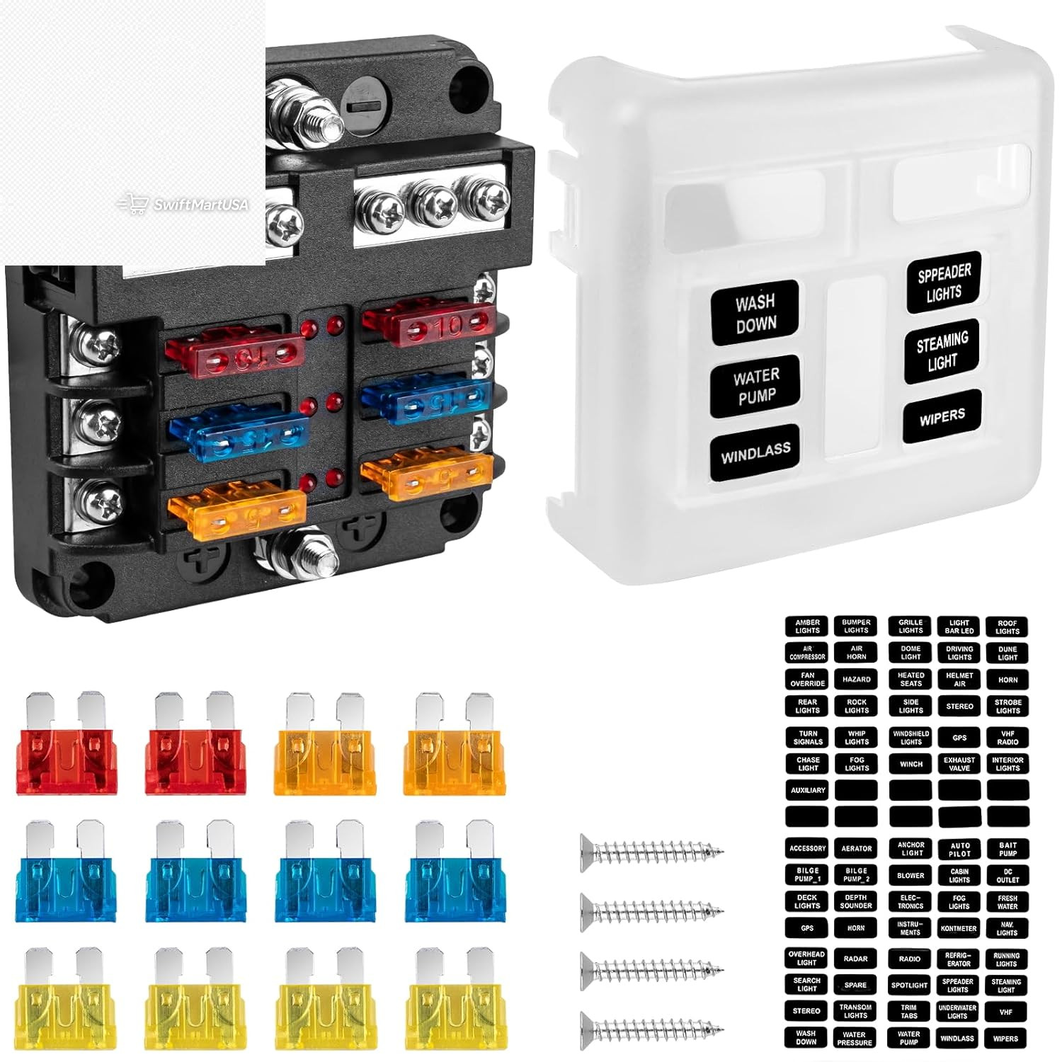 12 Way Fuse Block 12V Marine Fuse Box LED Indicator Automotive Blade Panel 24Pcs