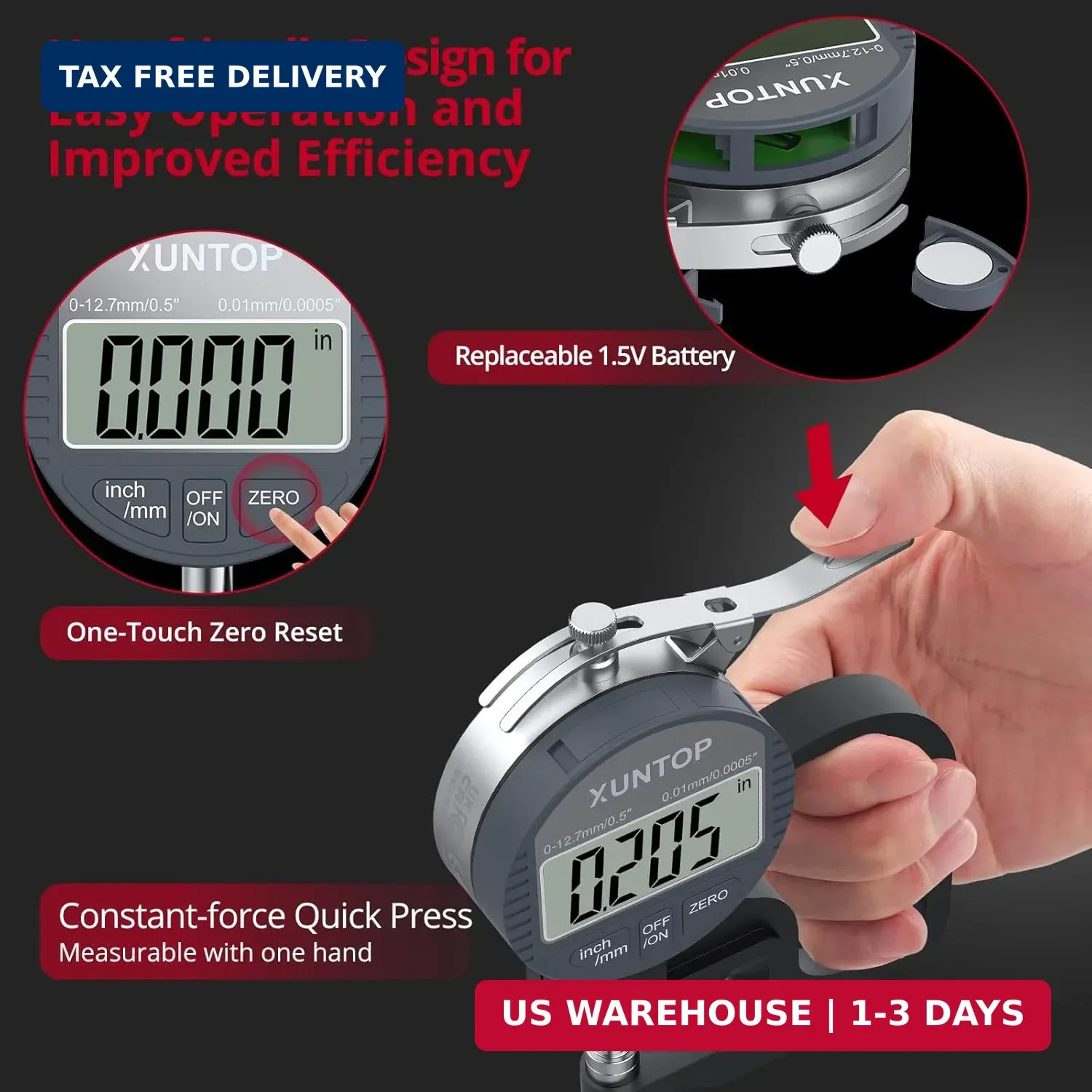 XUNTOP Digital Thickness Gauge 0.5inch/0.0005inch(12.7mm/0.01mm) Thickness Meter