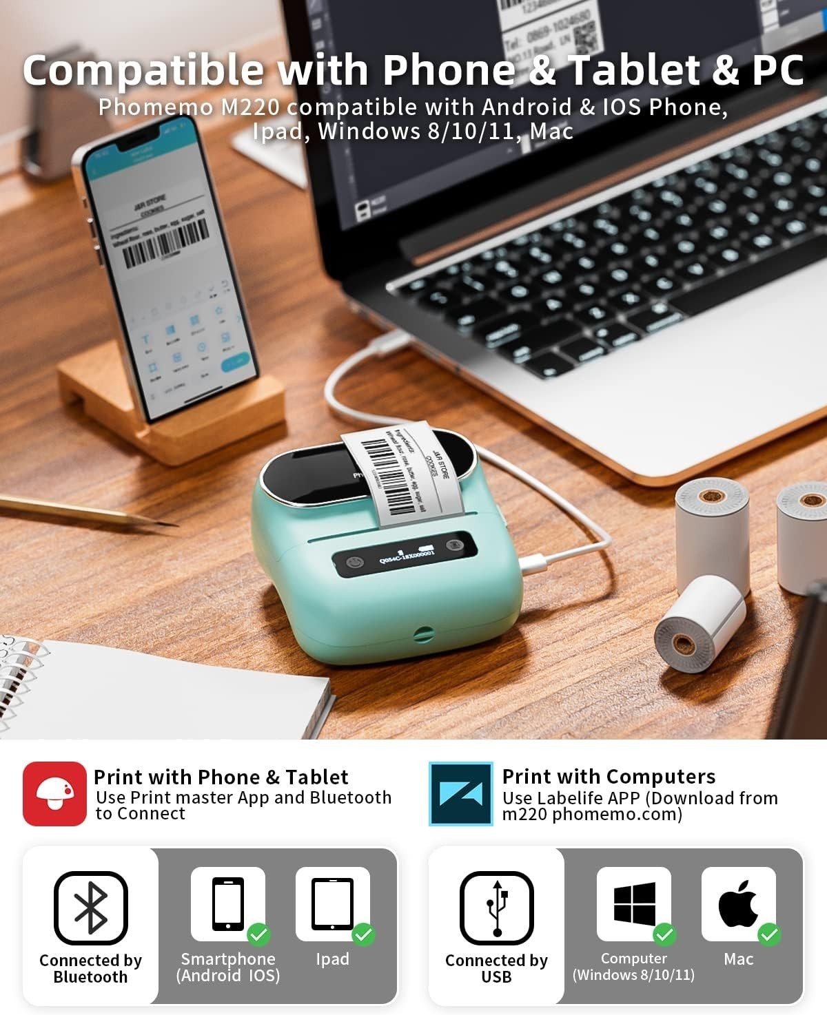Phomemo Label Maker,M220 Label Printer,3 Inch Bluetooth Thermal Label Maker Mach