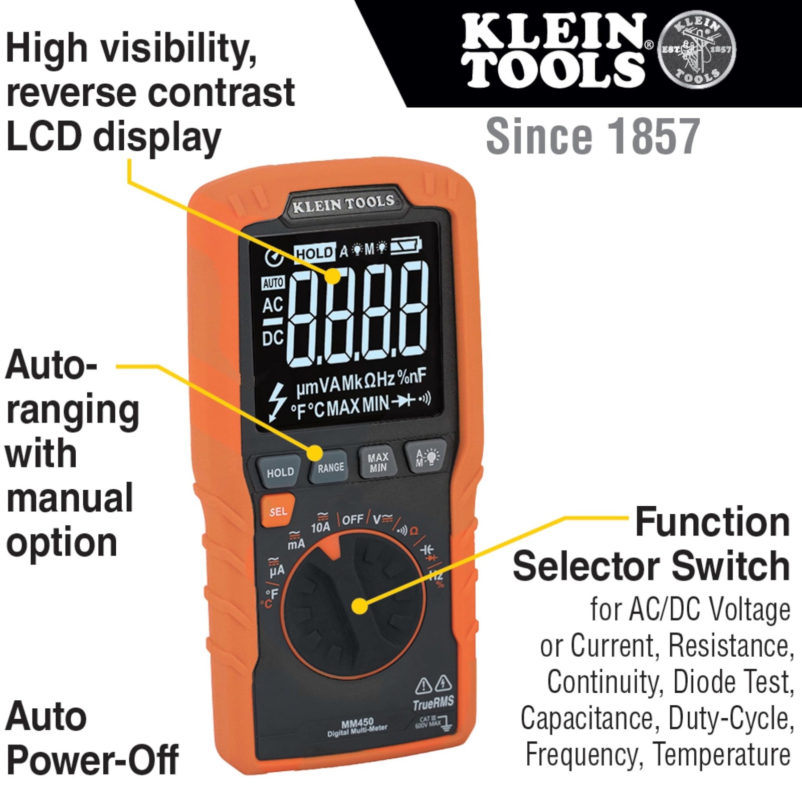 Klein Tools MM450 Slim Digital Multimeter, Reverse Contrast Display with Lead…