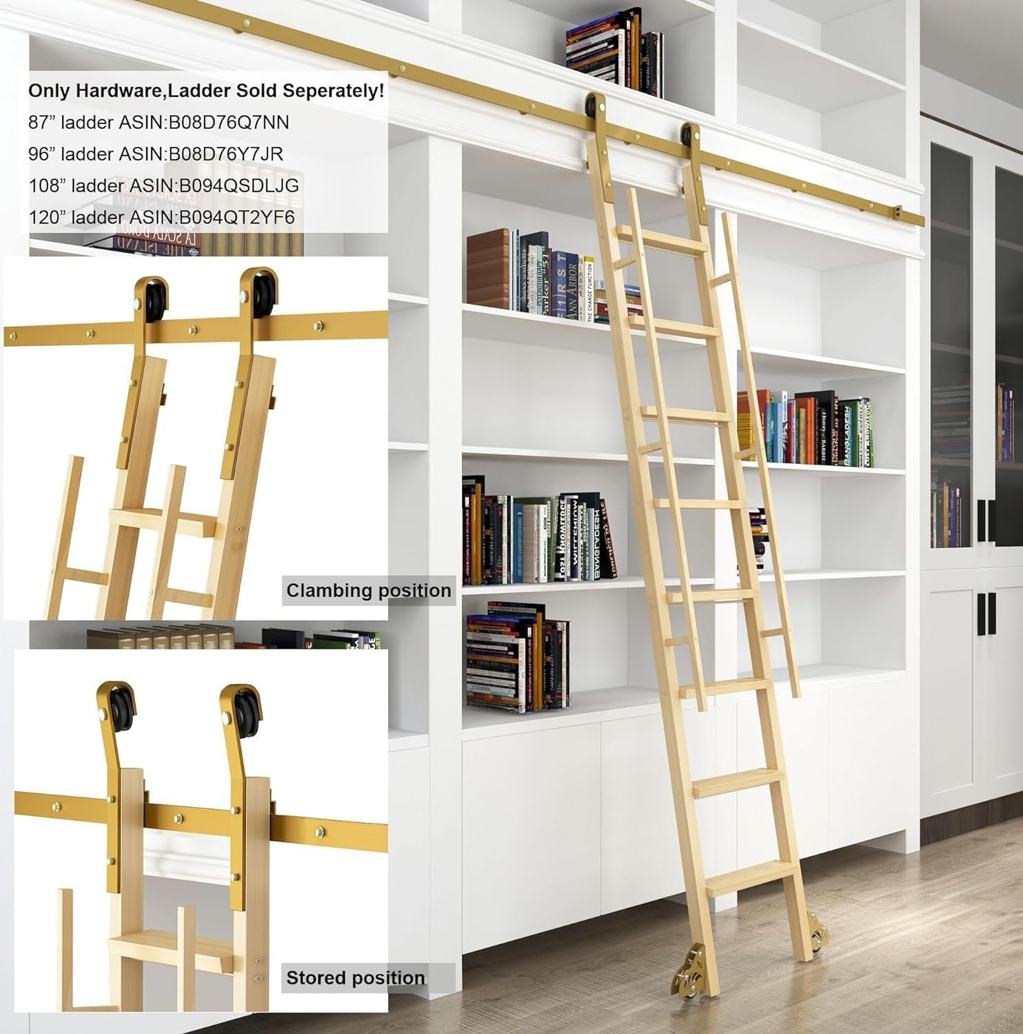 6.6FT Sliding Library Ladder Hardware Kit, Rolling Track System with Braking